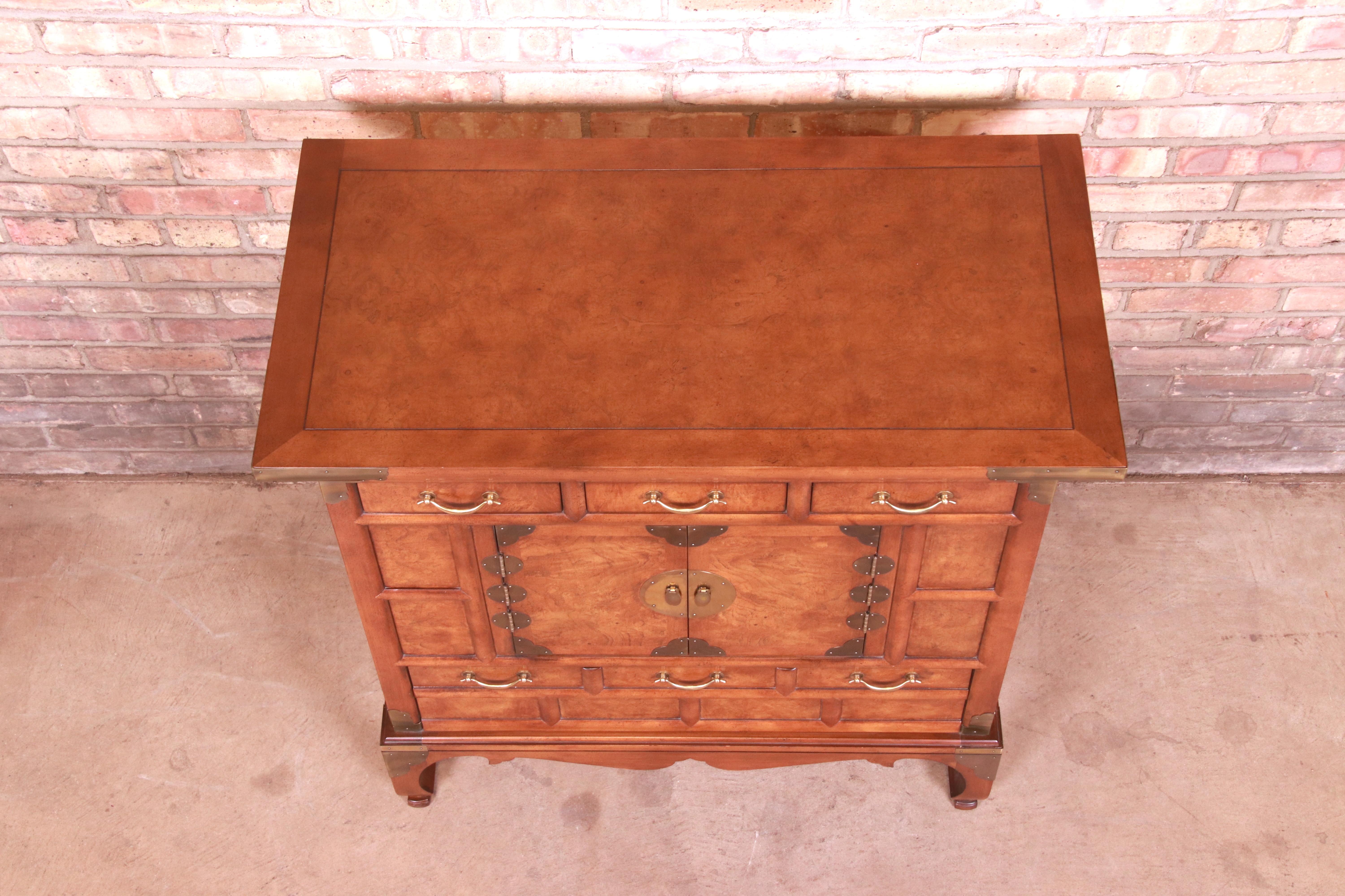 American Baker Furniture Chinoiserie Burl Wood Commode or Bar Cabinet, Circa 1960s For Sale