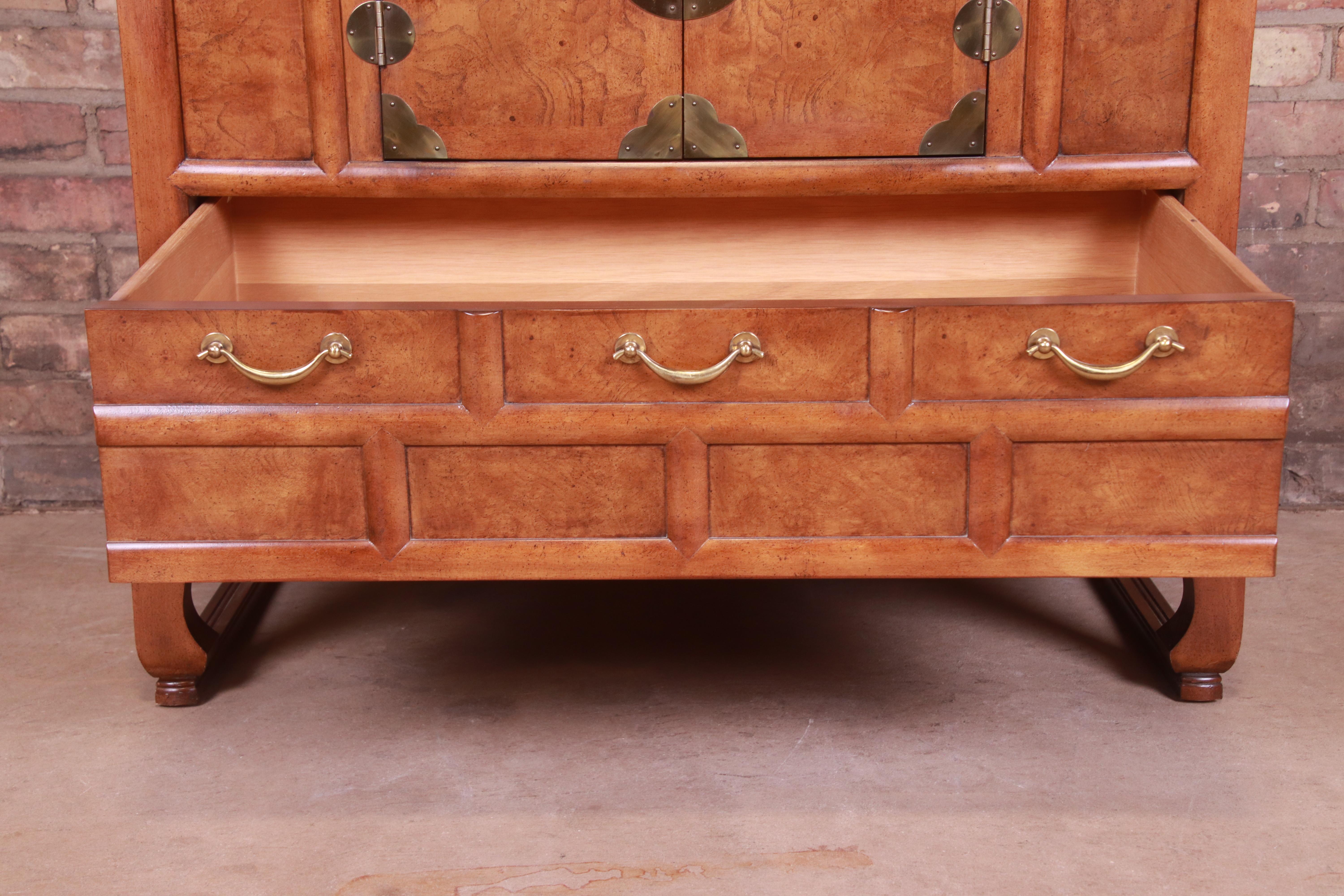 Brass Baker Furniture Chinoiserie Burl Wood Commode or Bar Cabinet, Circa 1960s For Sale