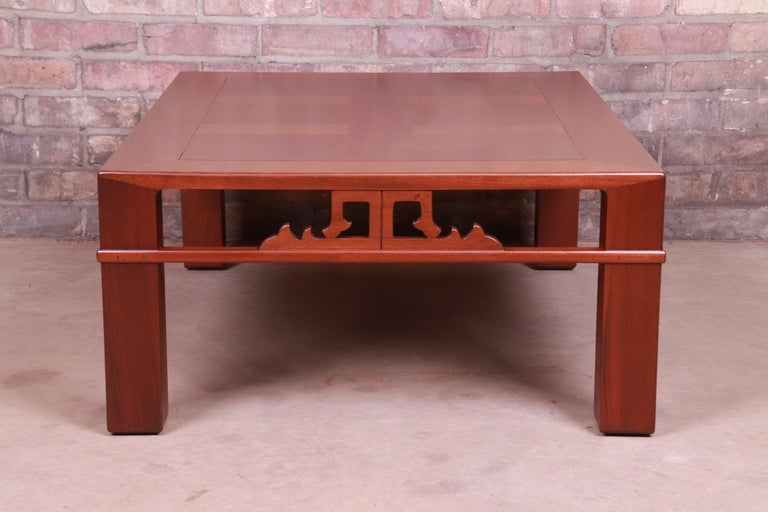Baker Furniture Chinoiserie Carved Mahogany Coffee Table, Newly Refinished For Sale 4