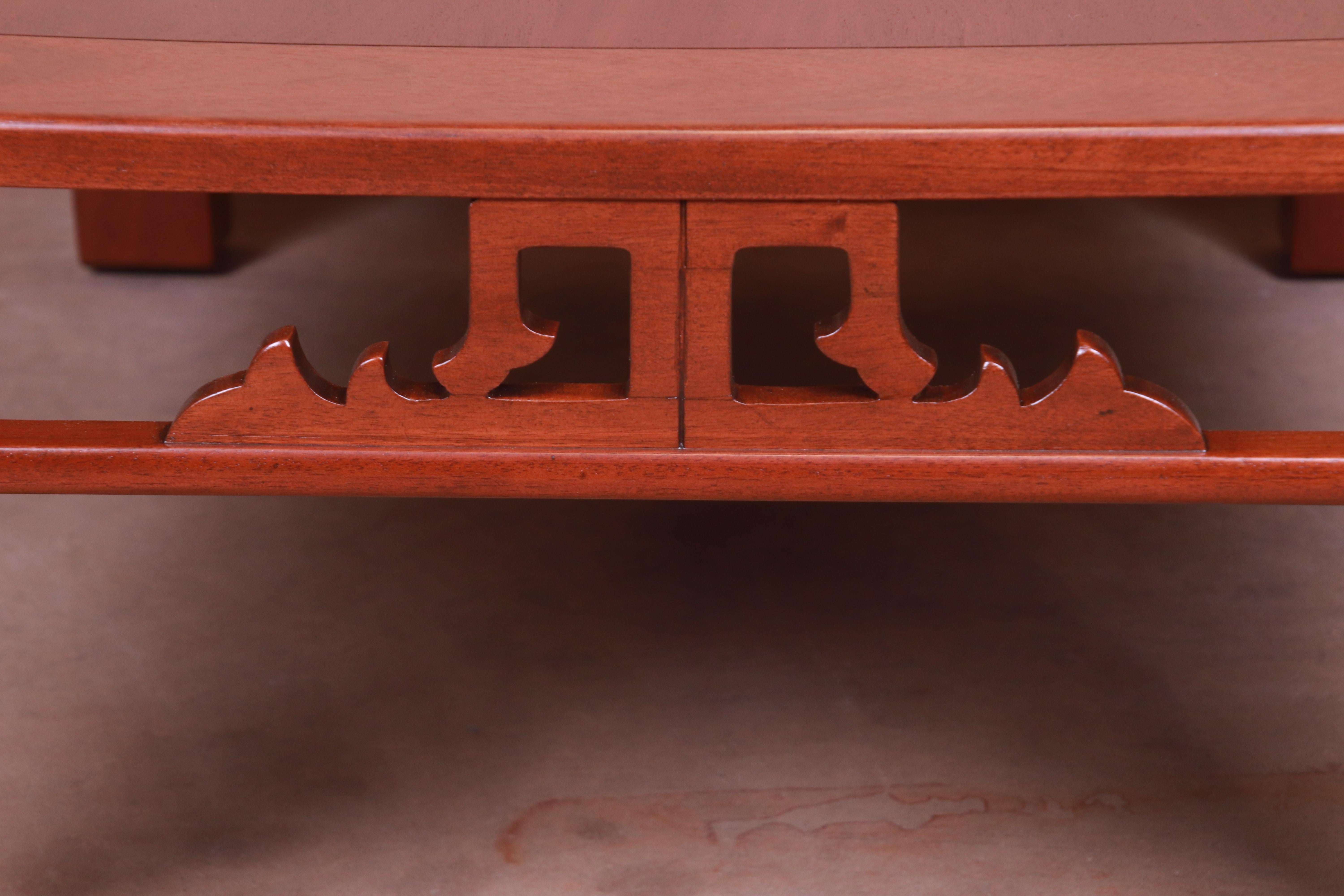 Baker Furniture Chinoiserie Carved Mahogany Coffee Table, Newly Refinished For Sale 5