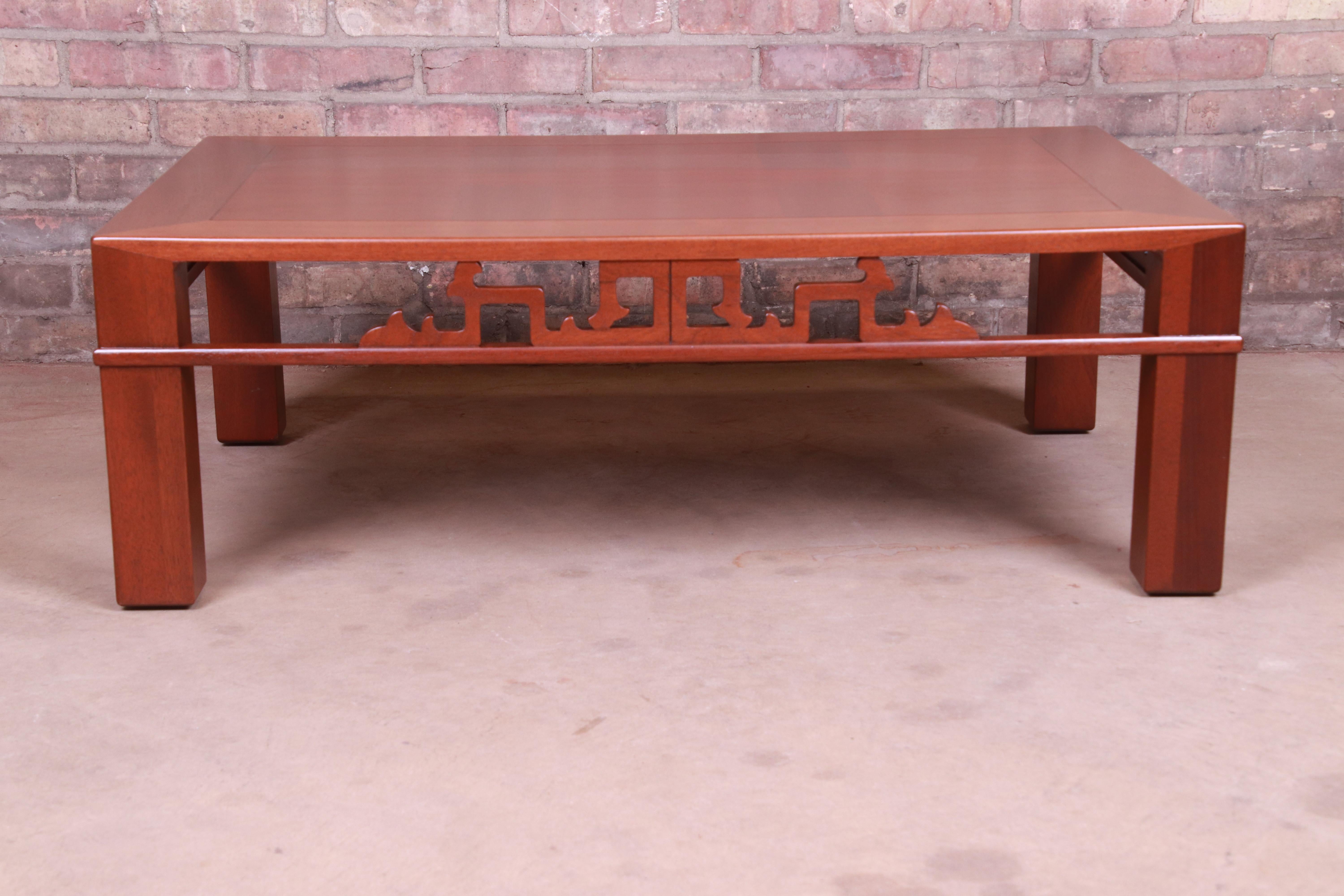 Mid-Century Modern Baker Furniture Chinoiserie Carved Mahogany Coffee Table, Newly Refinished For Sale