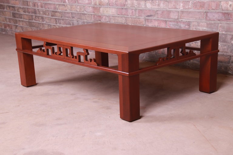 American Baker Furniture Chinoiserie Carved Mahogany Coffee Table, Newly Refinished For Sale