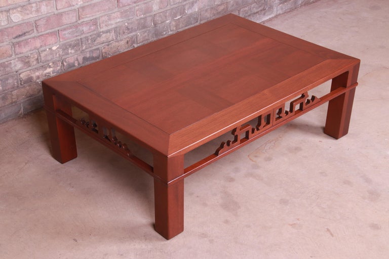 Baker Furniture Chinoiserie Carved Mahogany Coffee Table, Newly Refinished In Good Condition For Sale In South Bend, IN