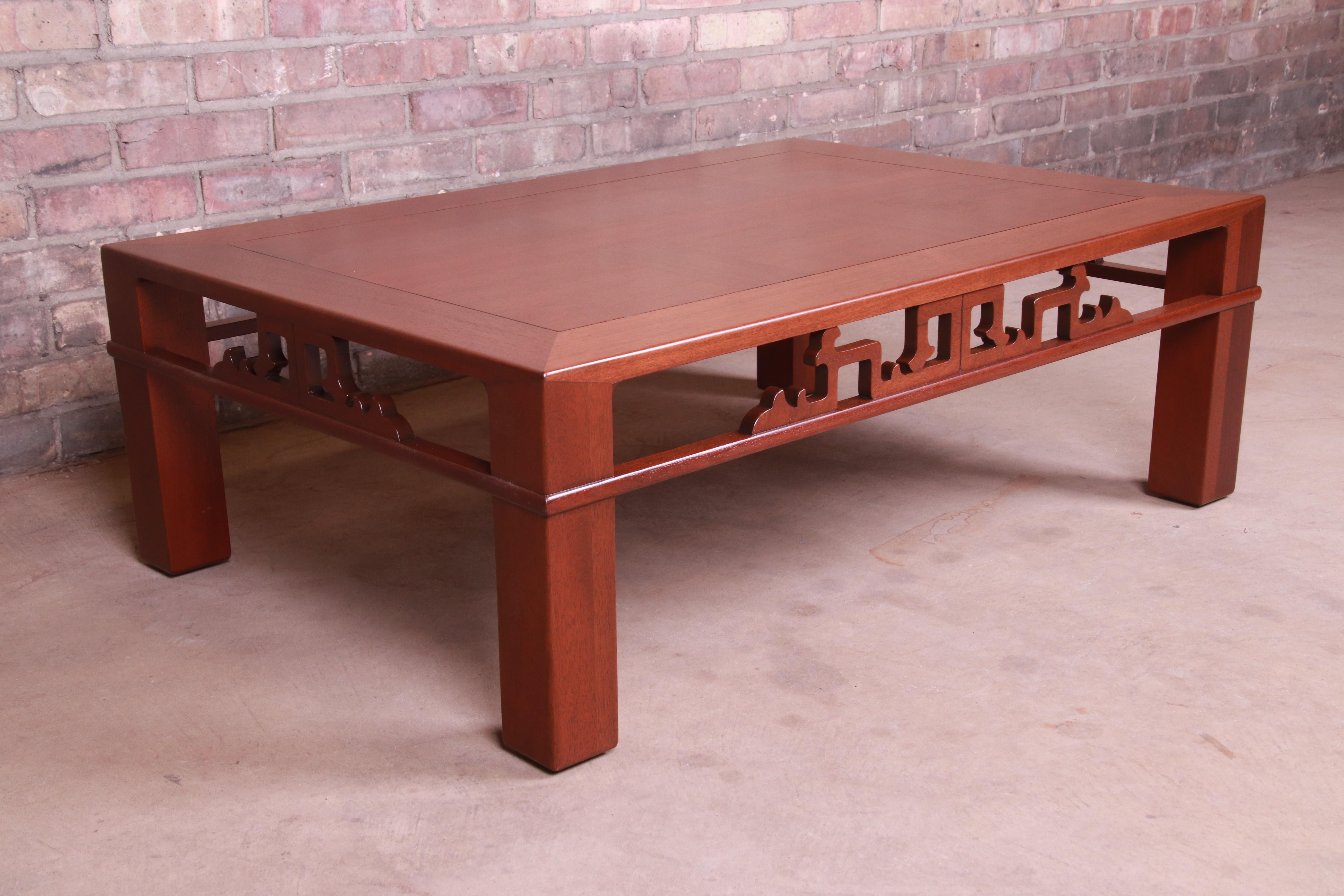 Mid-20th Century Baker Furniture Chinoiserie Carved Mahogany Coffee Table, Newly Refinished For Sale