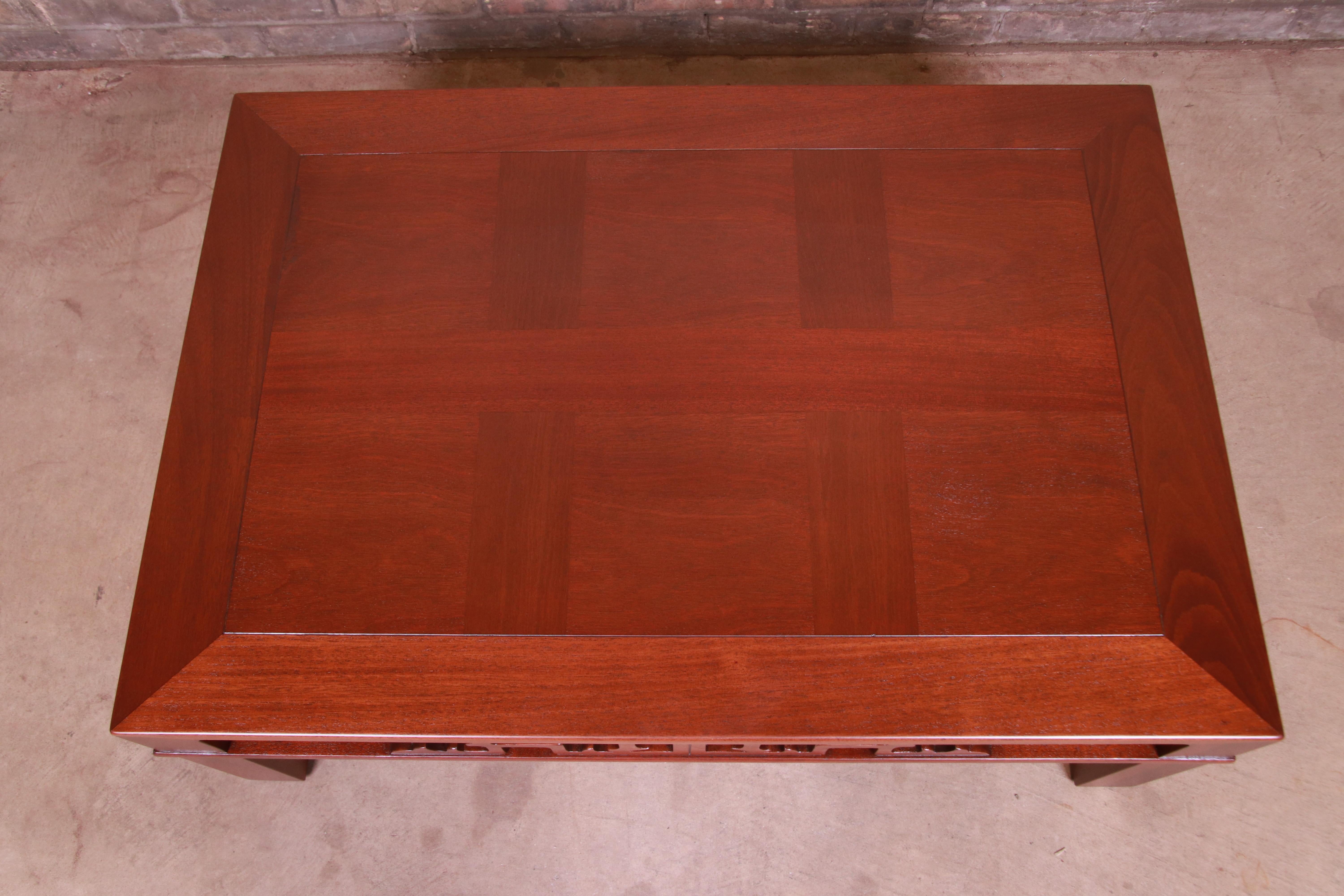 Baker Furniture Chinoiserie Carved Mahogany Coffee Table, Newly Refinished For Sale 2