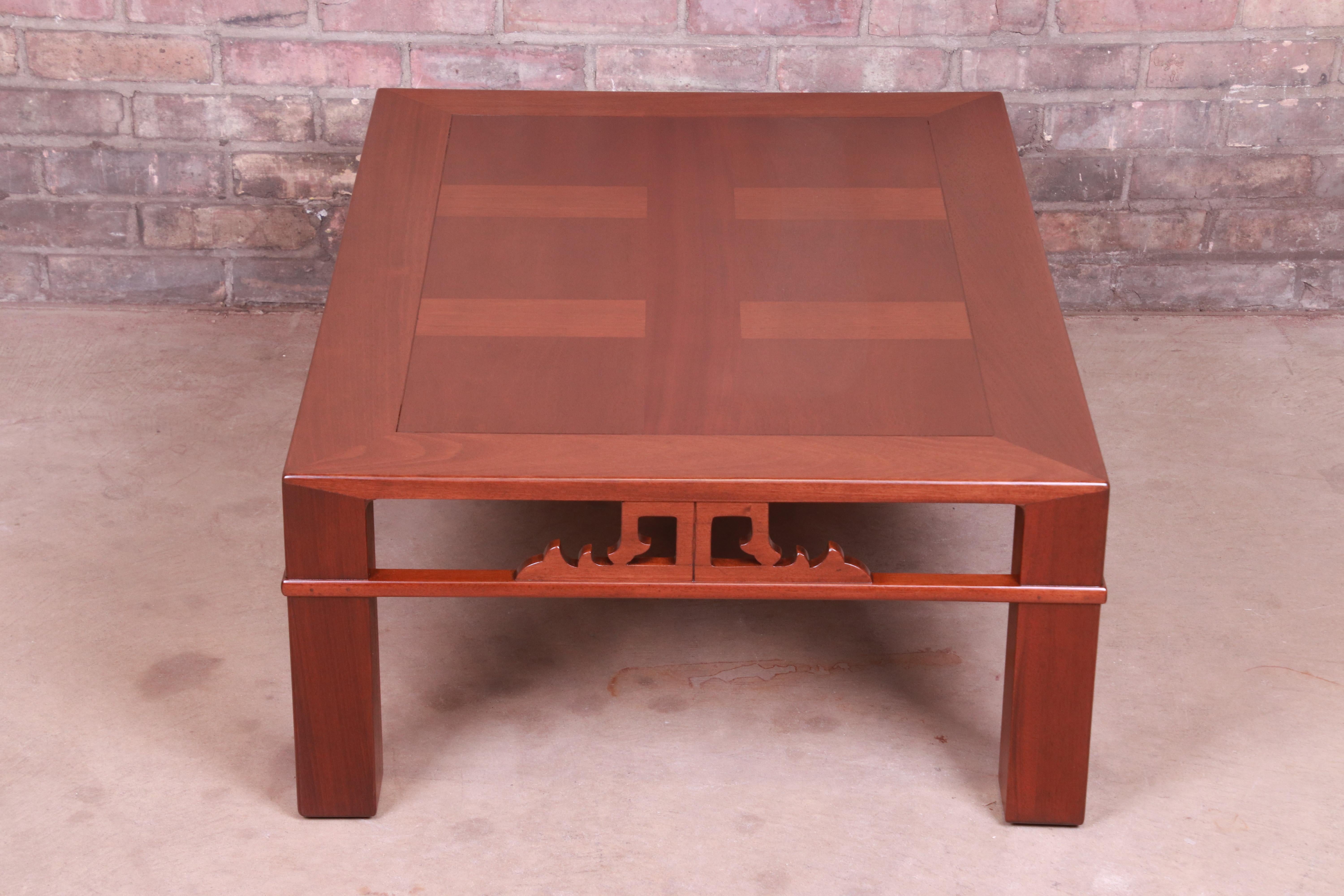Baker Furniture Chinoiserie Carved Mahogany Coffee Table, Newly Refinished For Sale 3