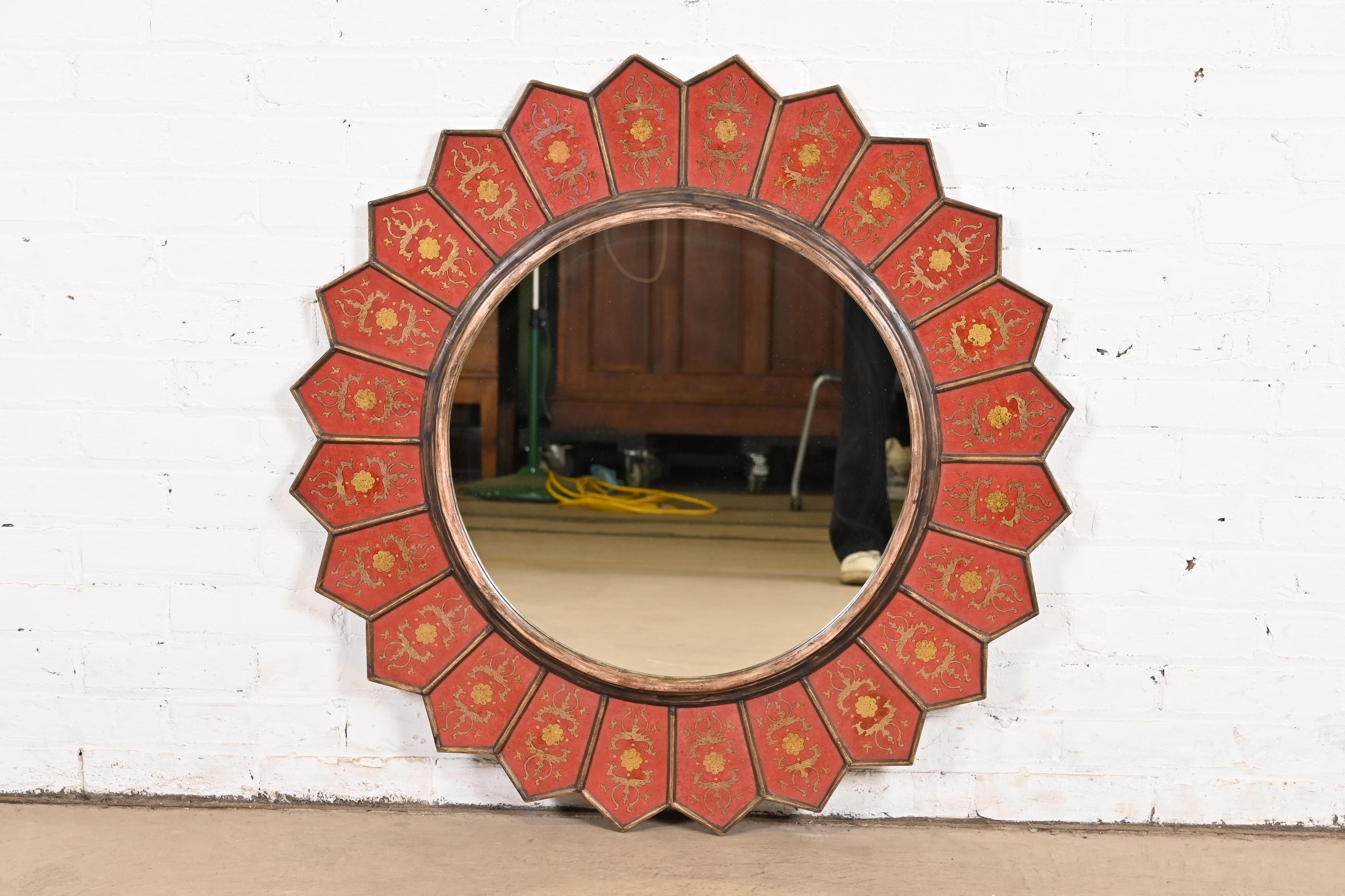 A gorgeous Chinoiserie style églomisé sunburst wall mirror

By Baker Furniture

Peru, Circa Late 20th Century

Measures: 35.5