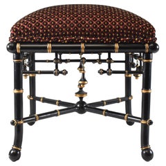 Baker Furniture Chinoiserie Foot Stool Ottoman Bamboo Black Laquer