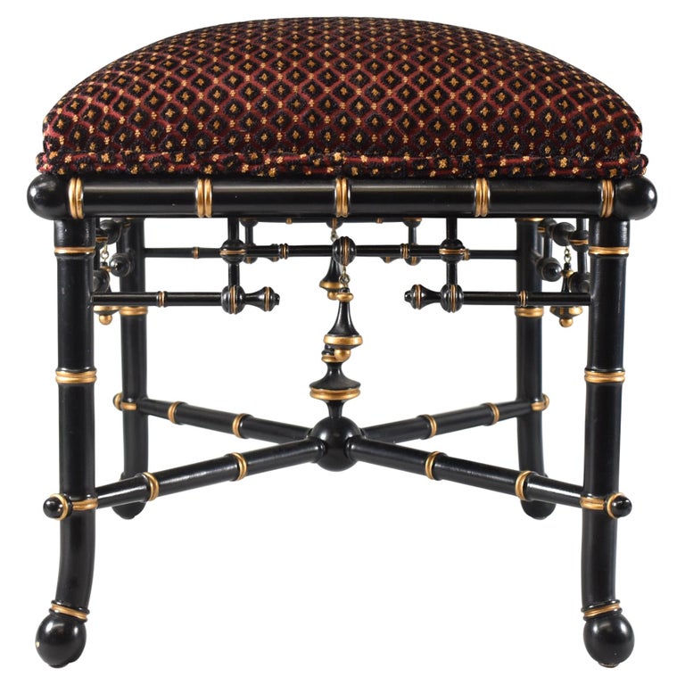 Baker Furniture Chinoiserie Foot Stool Ottoman Bamboo Black Laquer at
