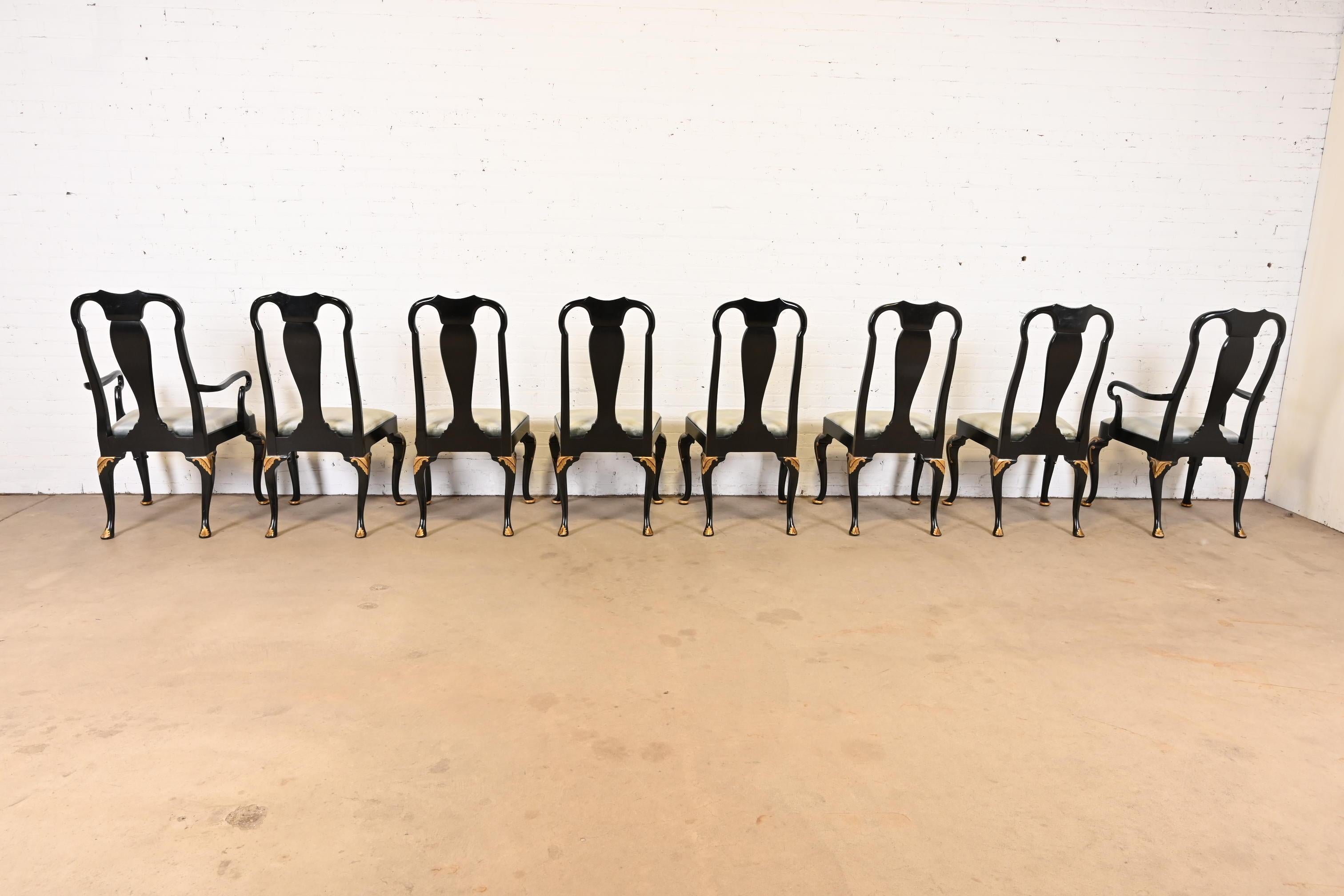 Baker Furniture Chinoiserie Queen Anne Black Lacquered & Gold Dining Chairs 4