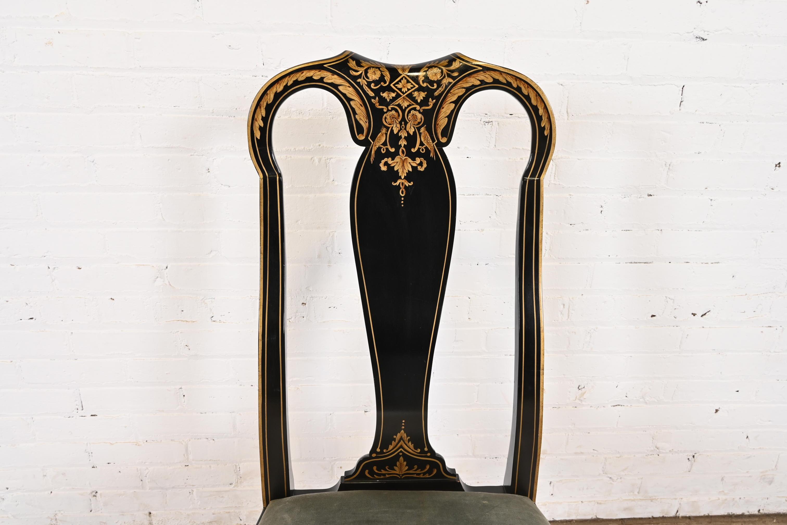 Baker Furniture Chinoiserie Queen Anne Black Lacquered & Gold Dining Chairs 5