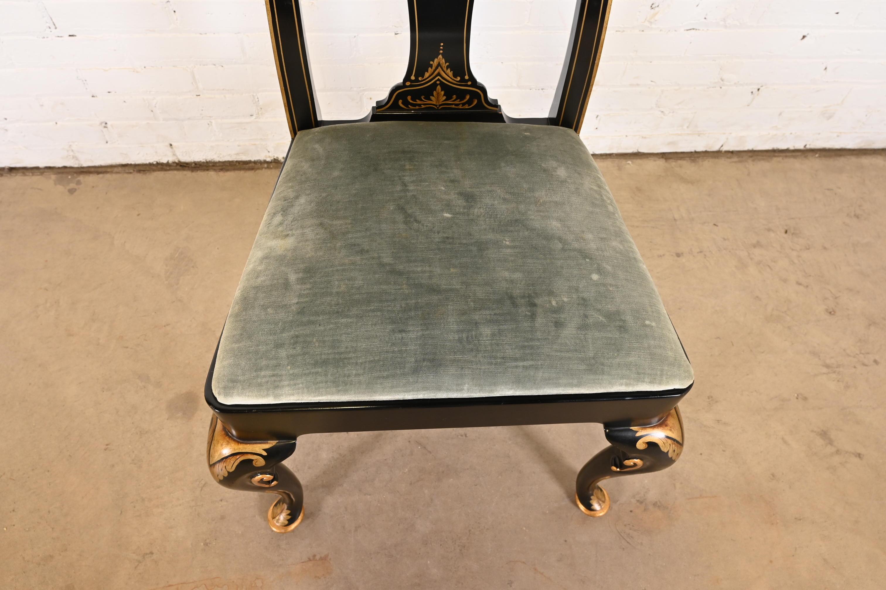 Baker Furniture Chinoiserie Queen Anne Black Lacquered & Gold Dining Chairs 6