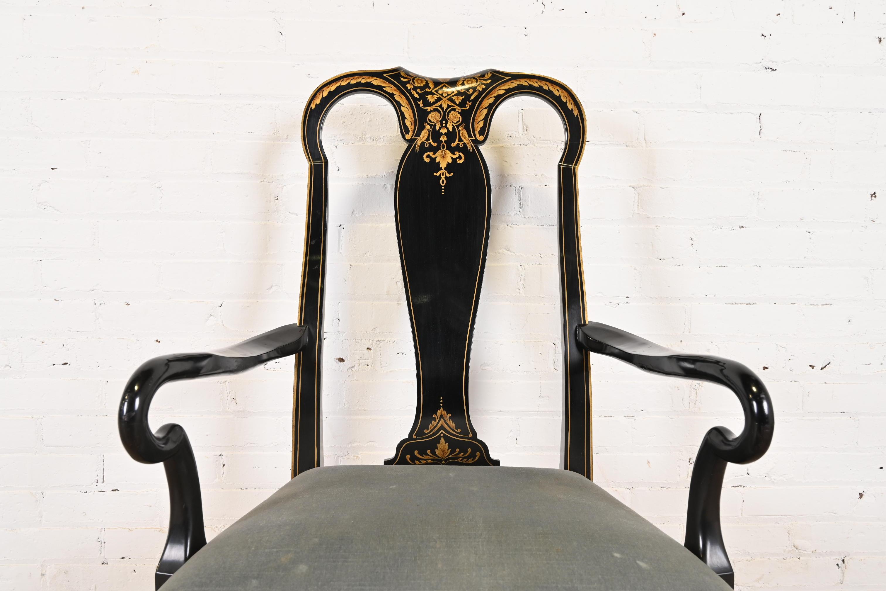 Baker Furniture Chinoiserie Queen Anne Black Lacquered & Gold Dining Chairs 8