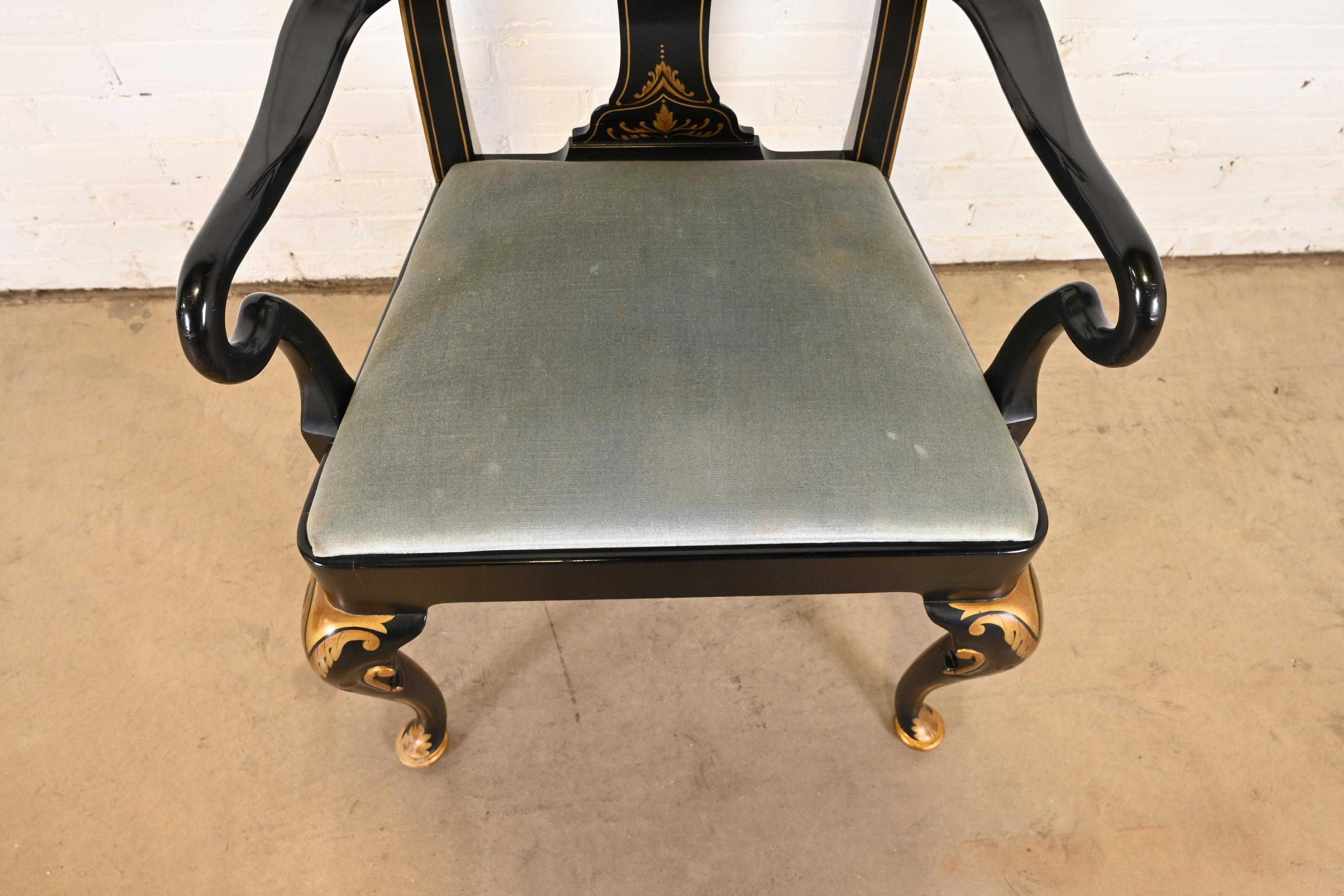 Baker Furniture Chinoiserie Queen Anne Black Lacquered & Gold Dining Chairs 9