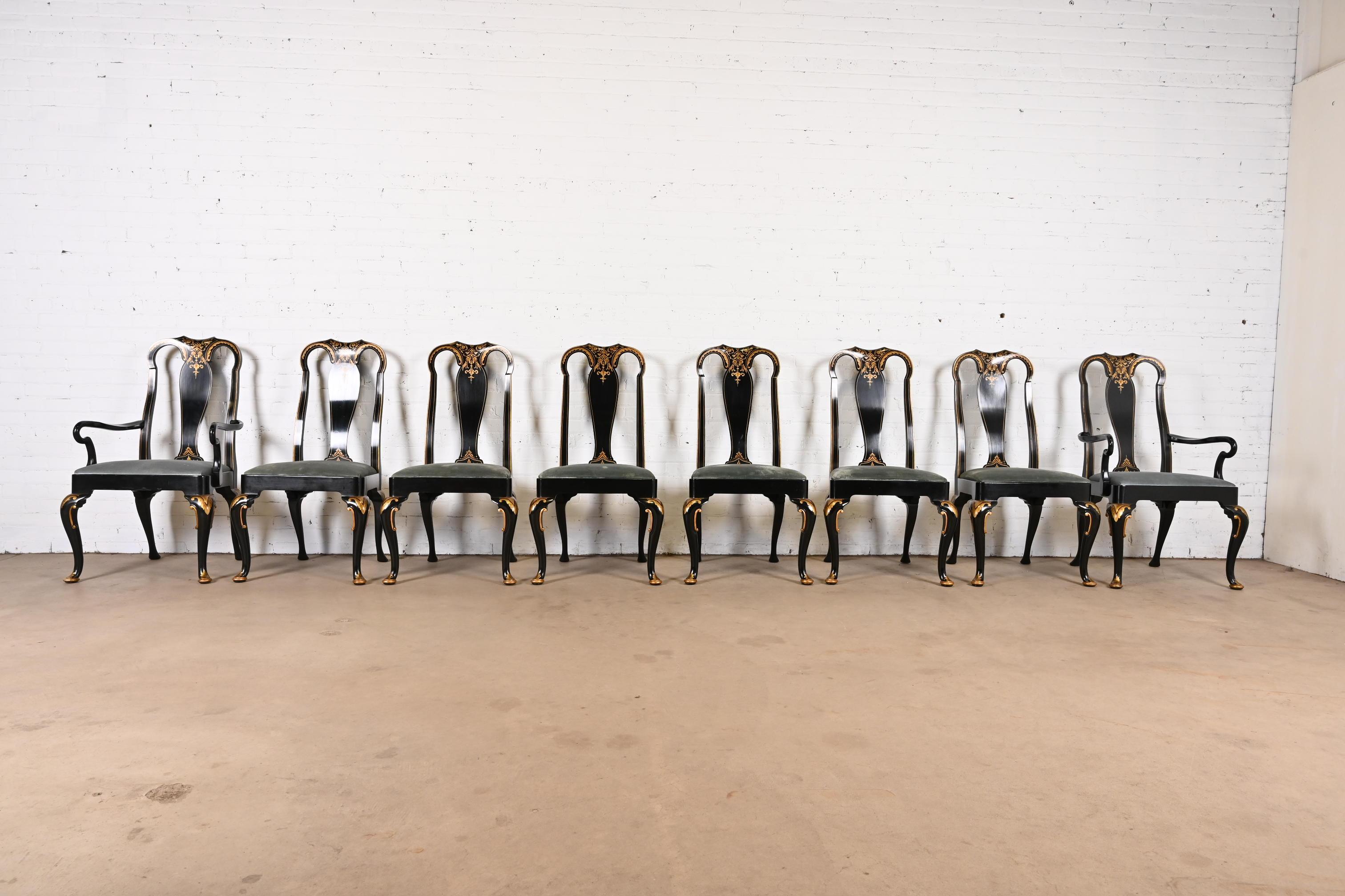 American Baker Furniture Chinoiserie Queen Anne Black Lacquered & Gold Dining Chairs