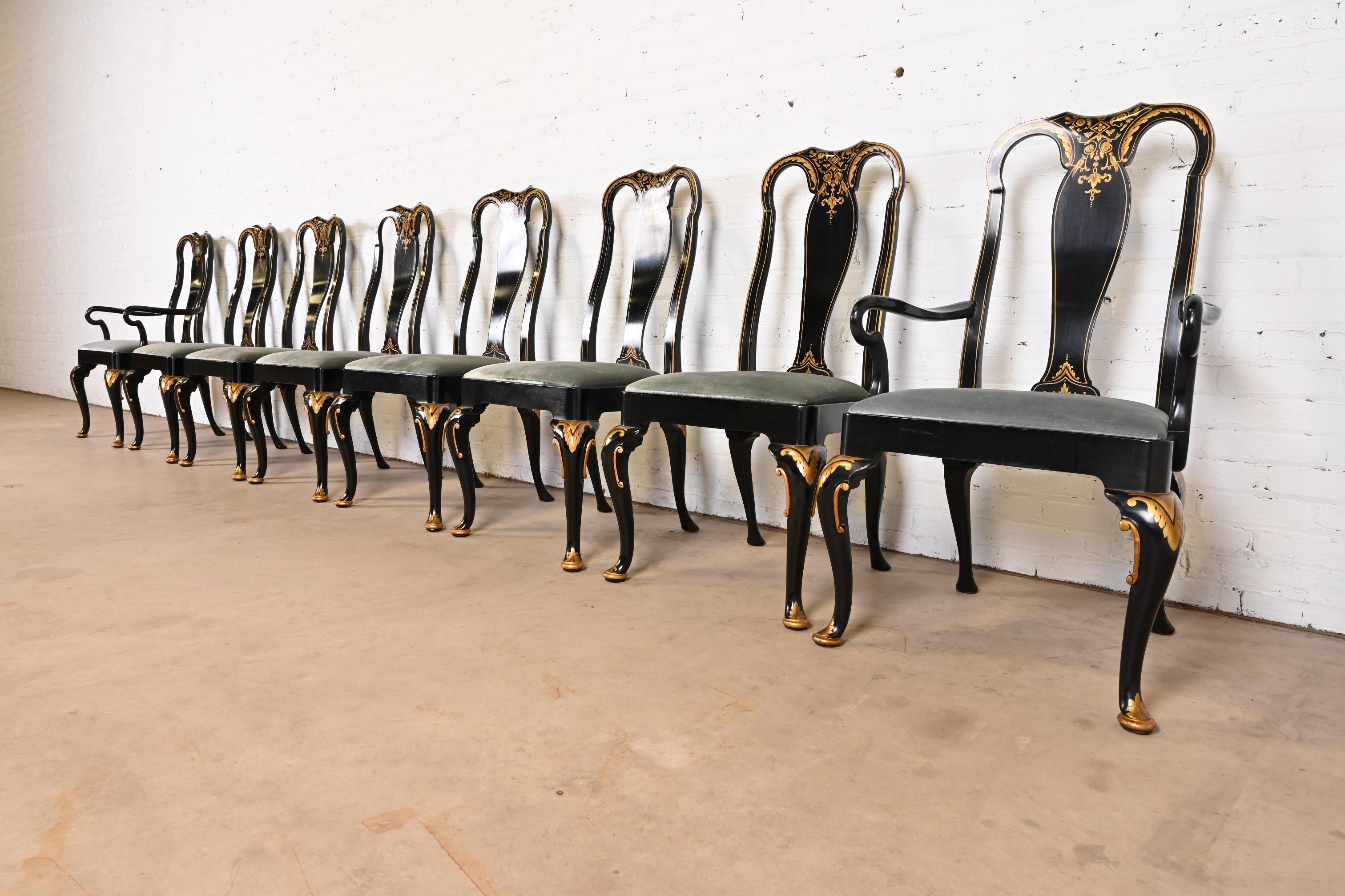 Late 20th Century Baker Furniture Chinoiserie Queen Anne Black Lacquered & Gold Dining Chairs