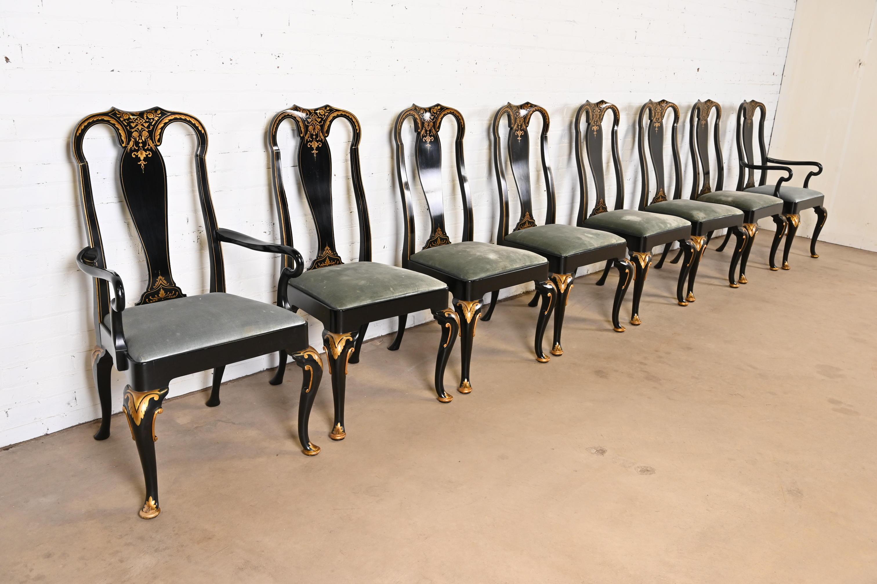 Upholstery Baker Furniture Chinoiserie Queen Anne Black Lacquered & Gold Dining Chairs
