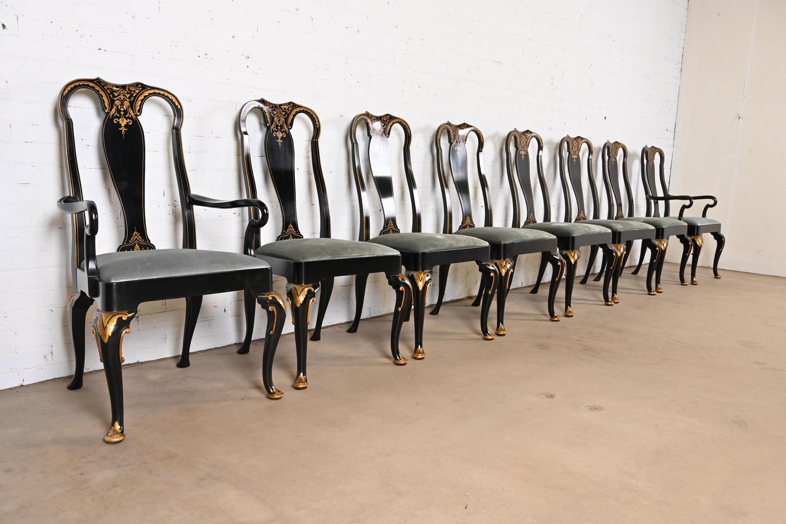 Baker Furniture Chinoiserie Queen Anne Black Lacquered & Gold Dining Chairs 1