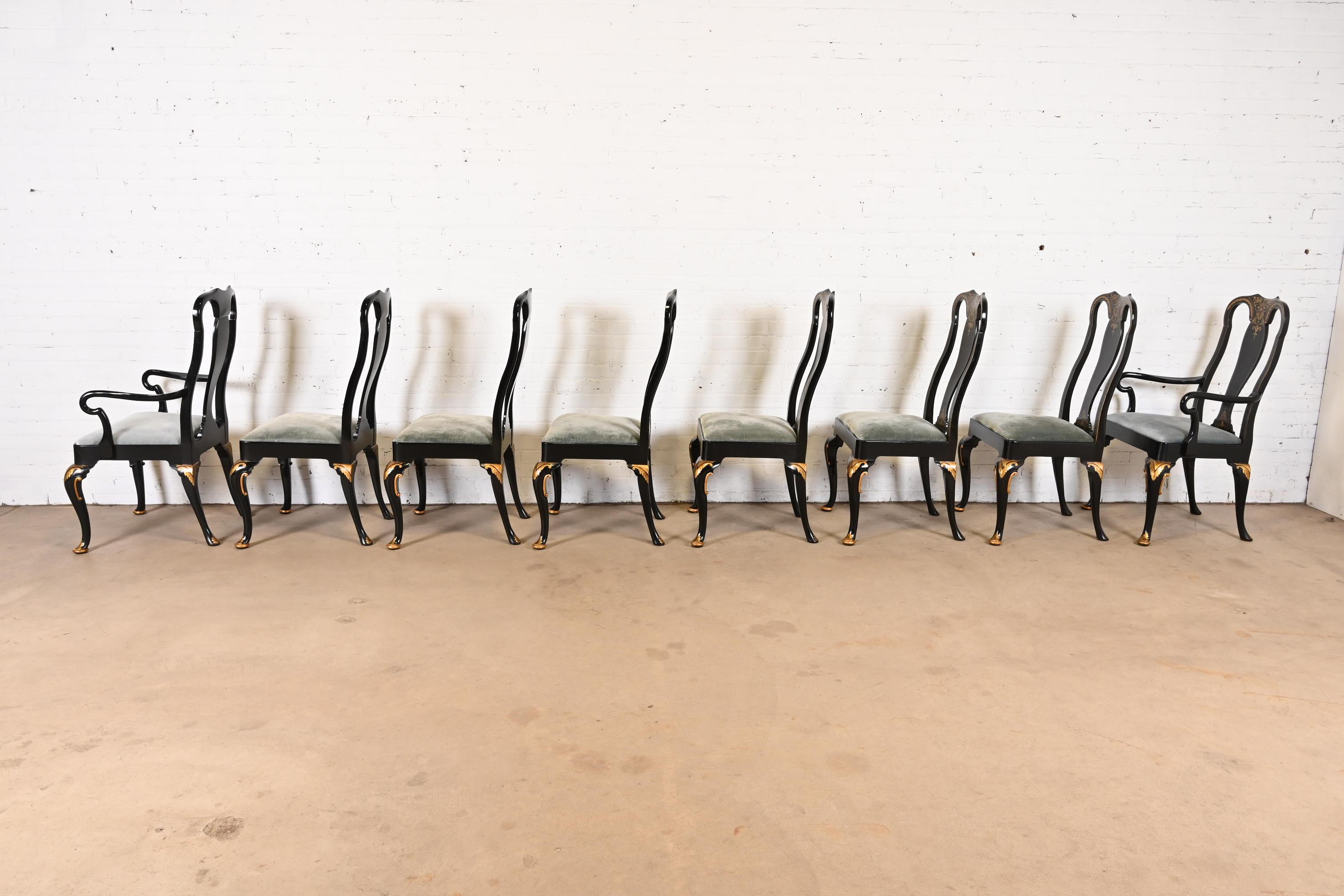 Baker Furniture Chinoiserie Queen Anne Black Lacquered & Gold Dining Chairs 3