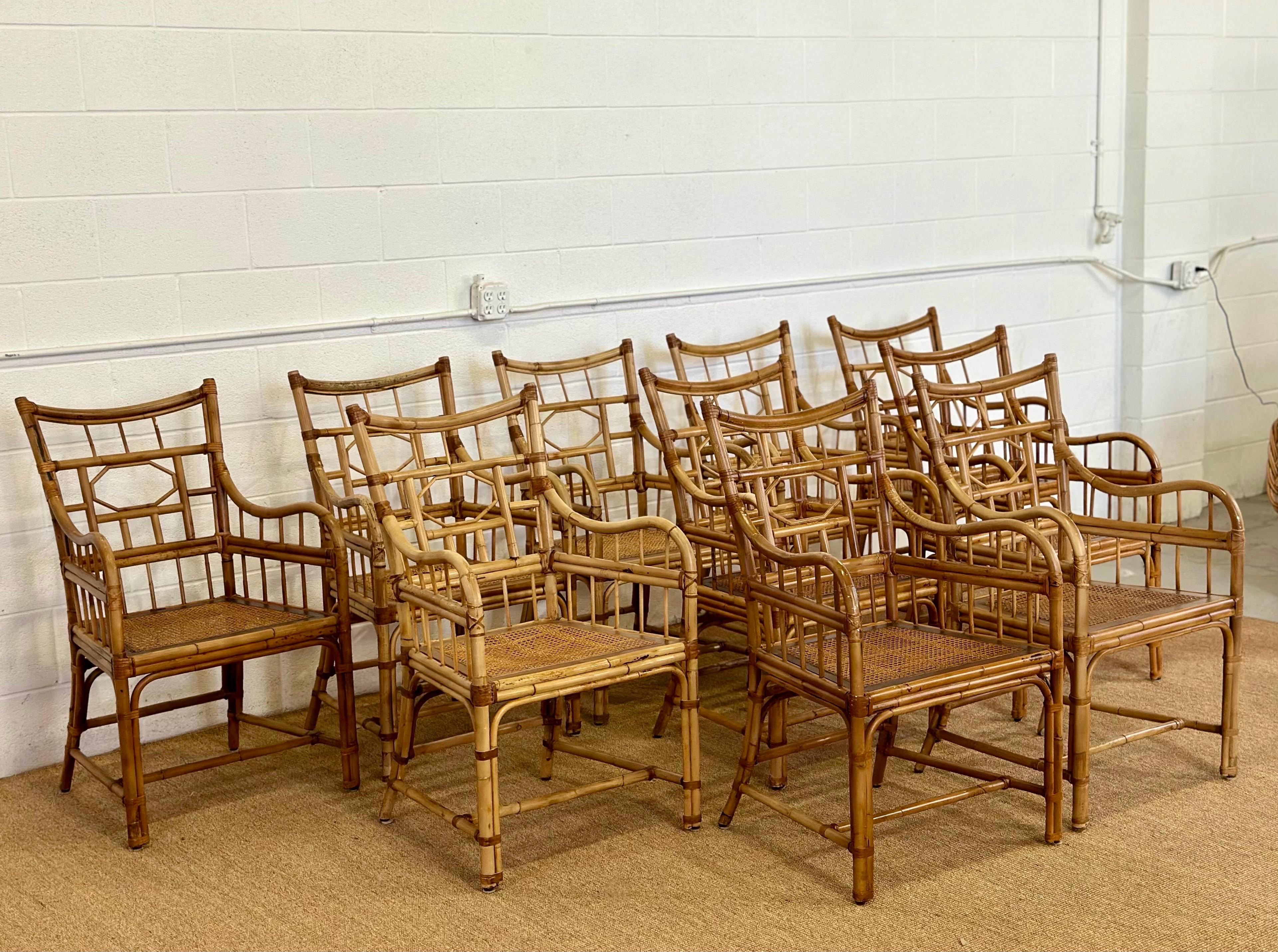 We are very pleased to offer a pair of ten armchairs by Milling Road for Baker Furniture, circa the late 20th Century.  This classic set with its natural color variation adds a unique visual interest to each piece, making them one-of-a-kind.  The