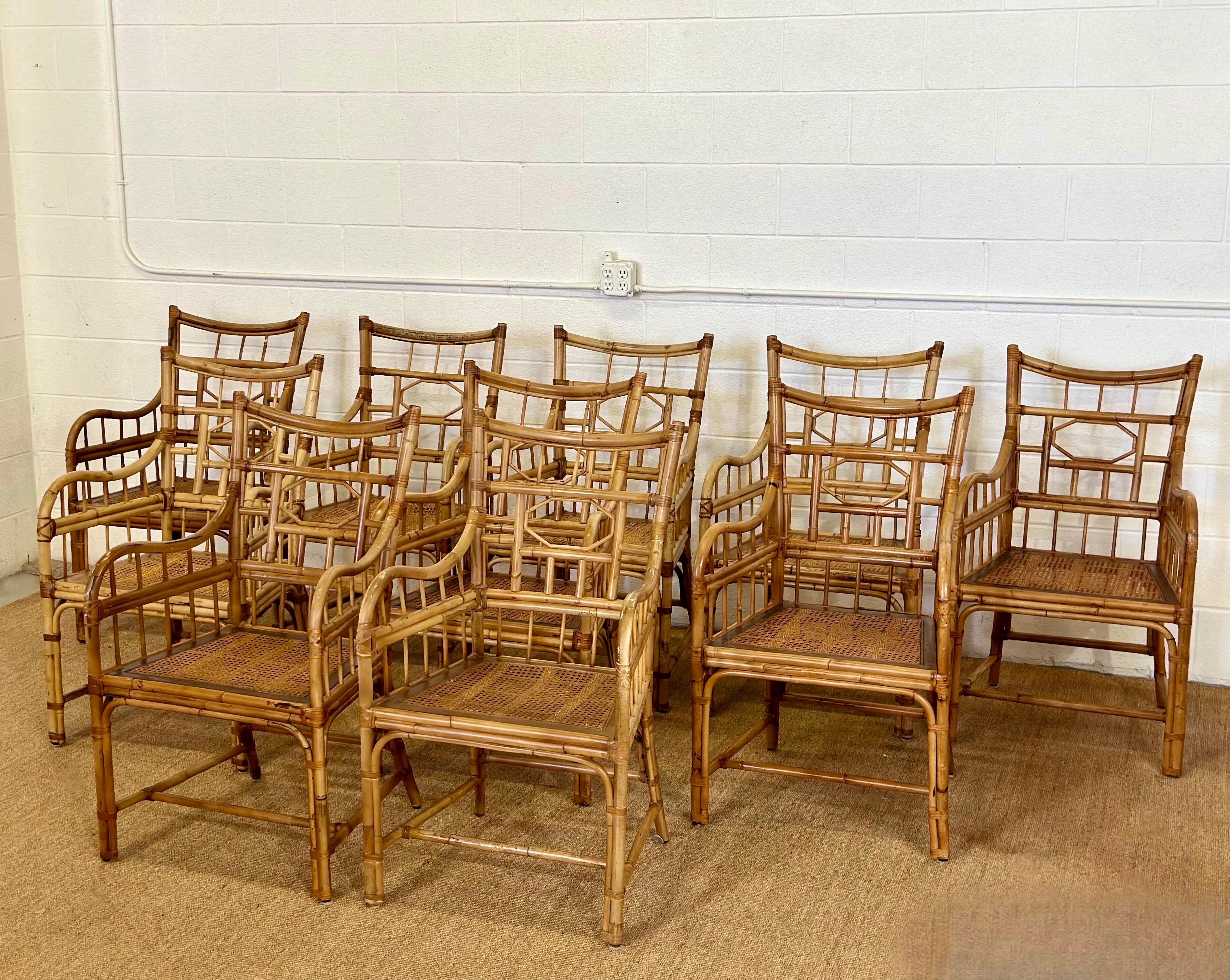 Chinese Chippendale Baker Furniture Chippendale Bamboo Rattan & Cane Dining Armchairs – Set of 10