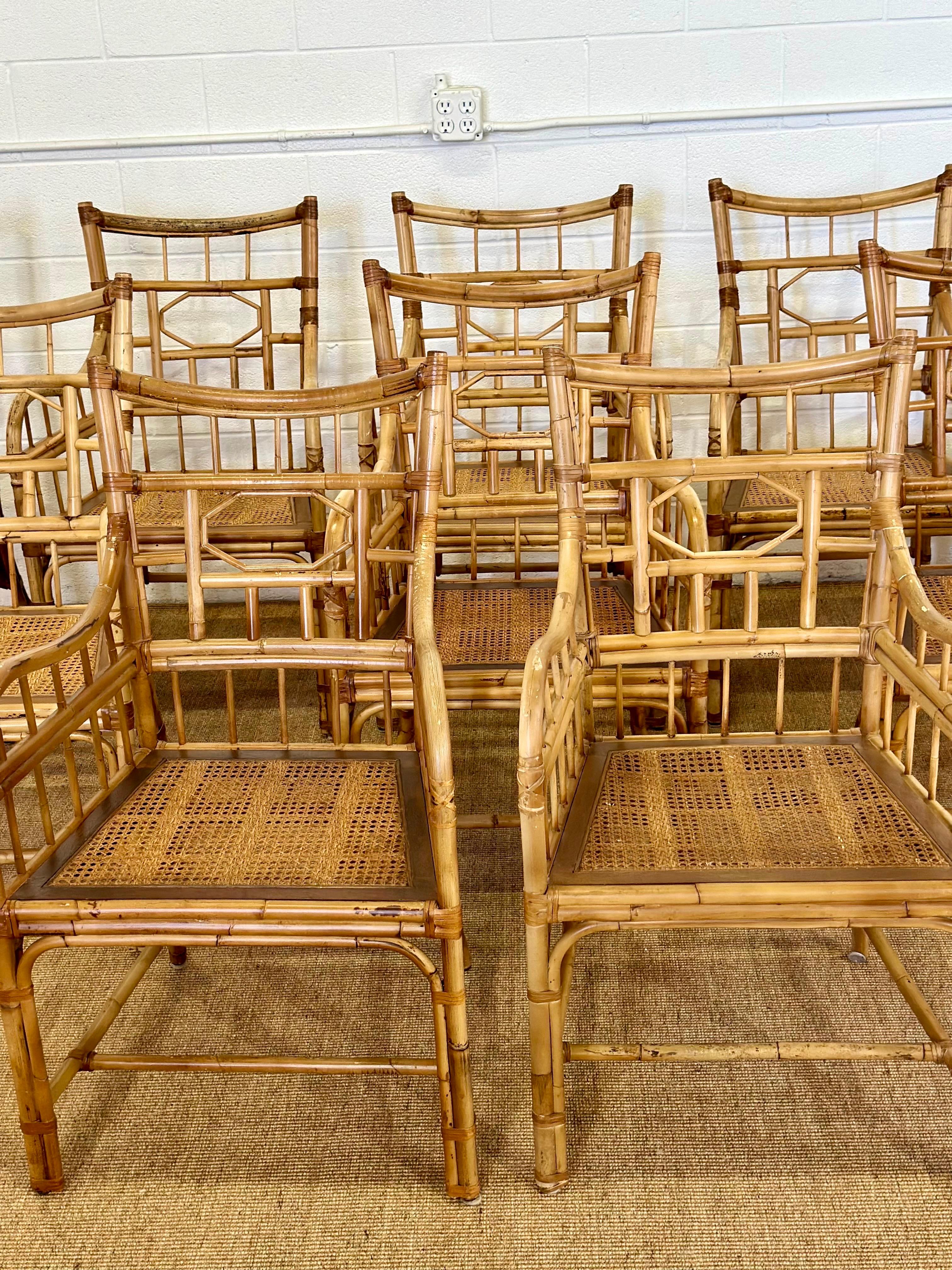 Baker Furniture Chippendale Bamboo Rattan & Cane Dining Armchairs – Set of 10 In Good Condition In Farmington Hills, MI