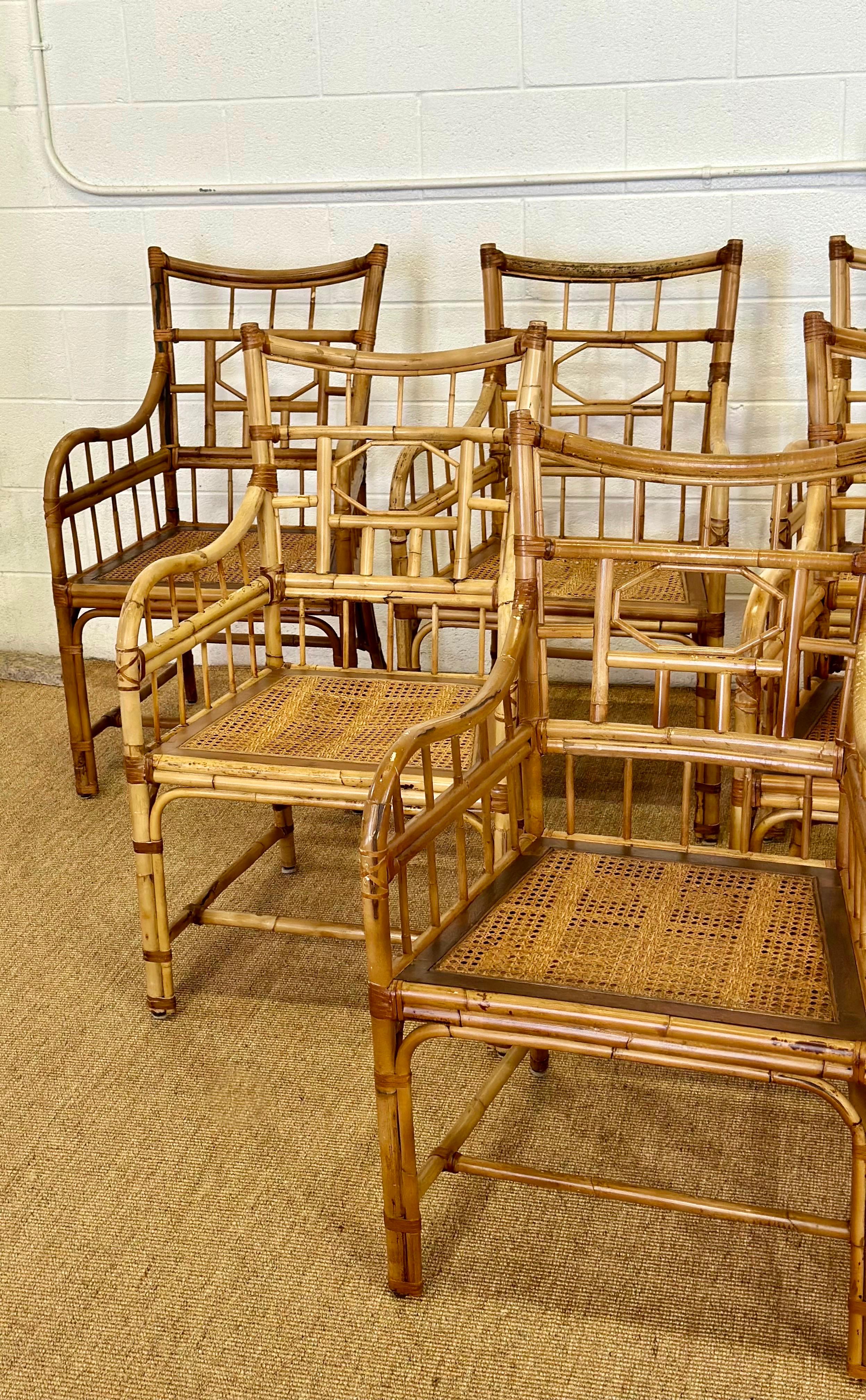 20th Century Baker Furniture Chippendale Bamboo Rattan & Cane Dining Armchairs – Set of 10