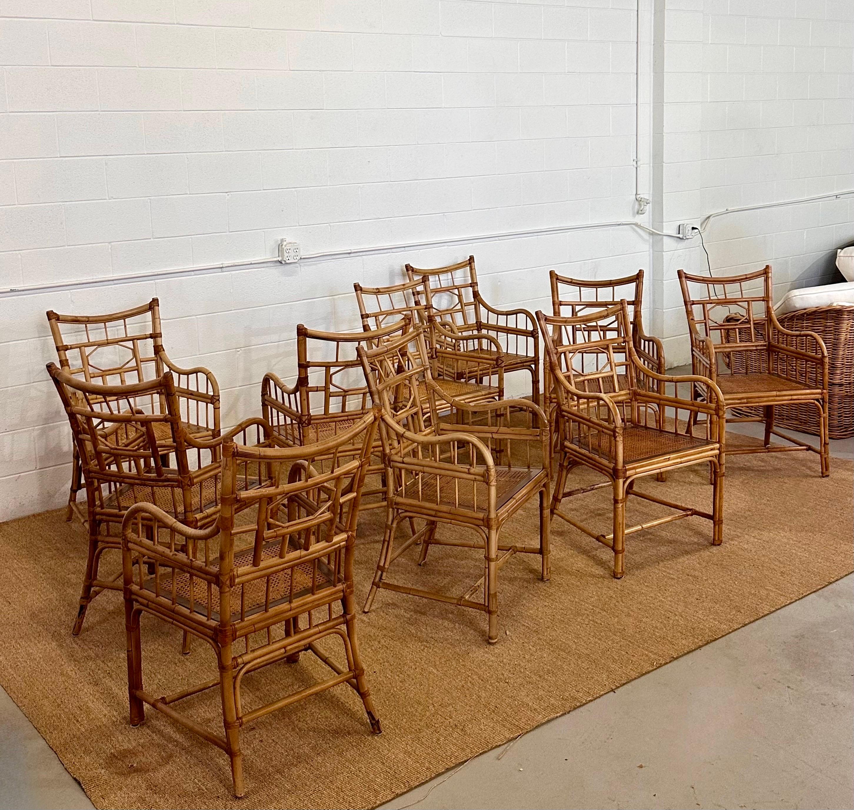Baker Furniture Chippendale Bamboo Rattan & Cane Dining Armchairs – Set of 10 2