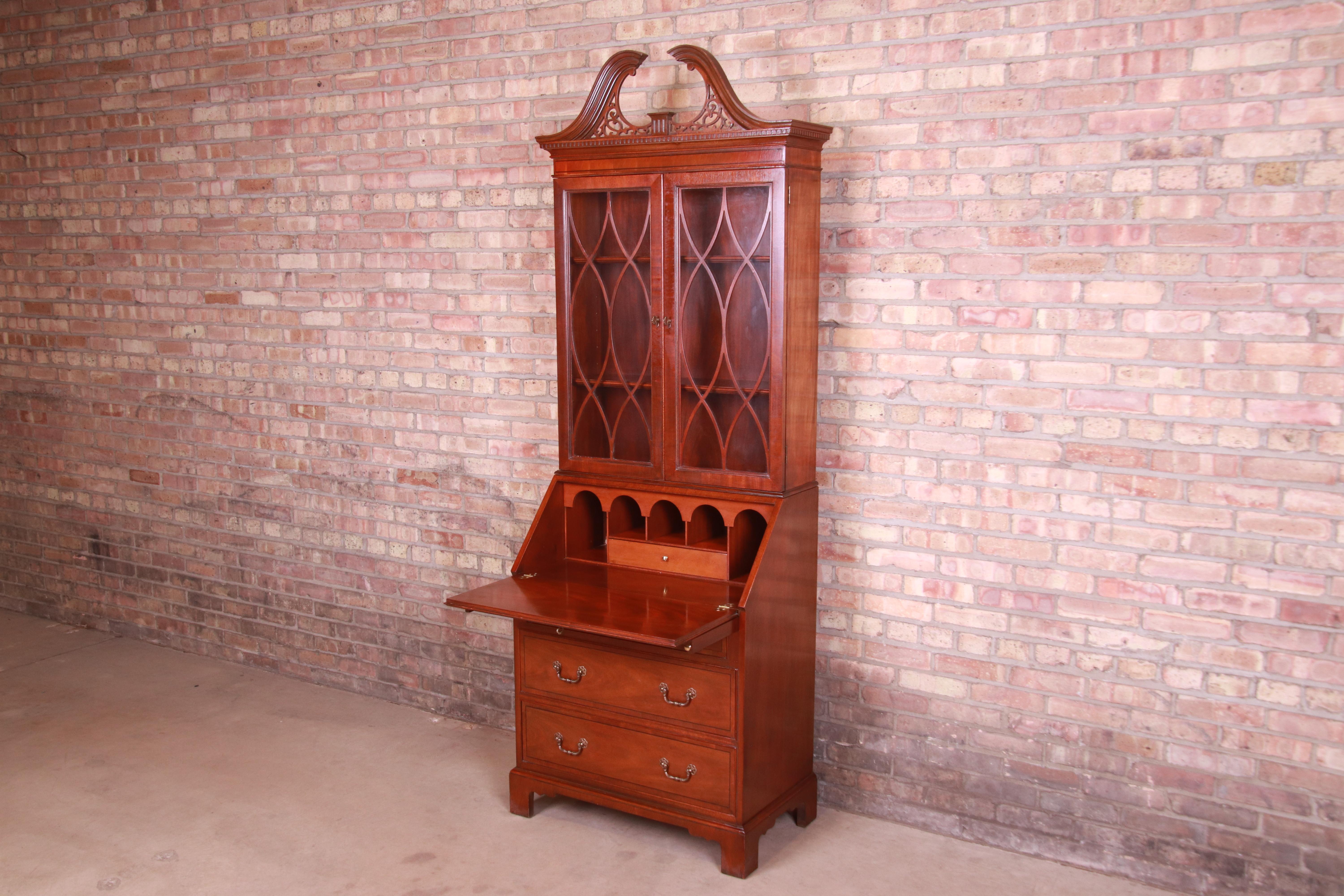 Baker Furniture Chippendale Banded Mahogany Secretary Desk with Bookcase Hutch 3