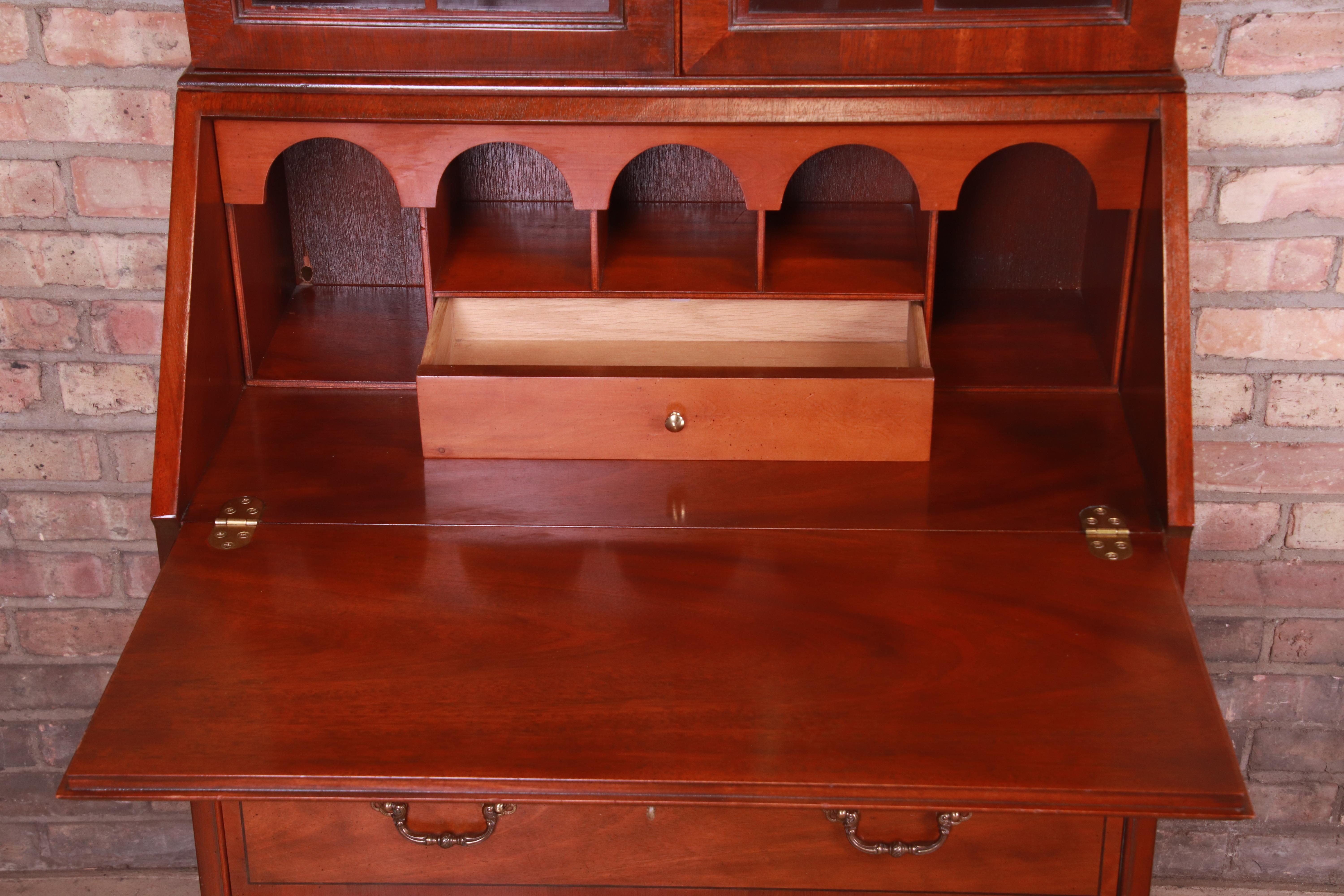 Baker Furniture Chippendale Banded Mahogany Secretary Desk with Bookcase Hutch 4