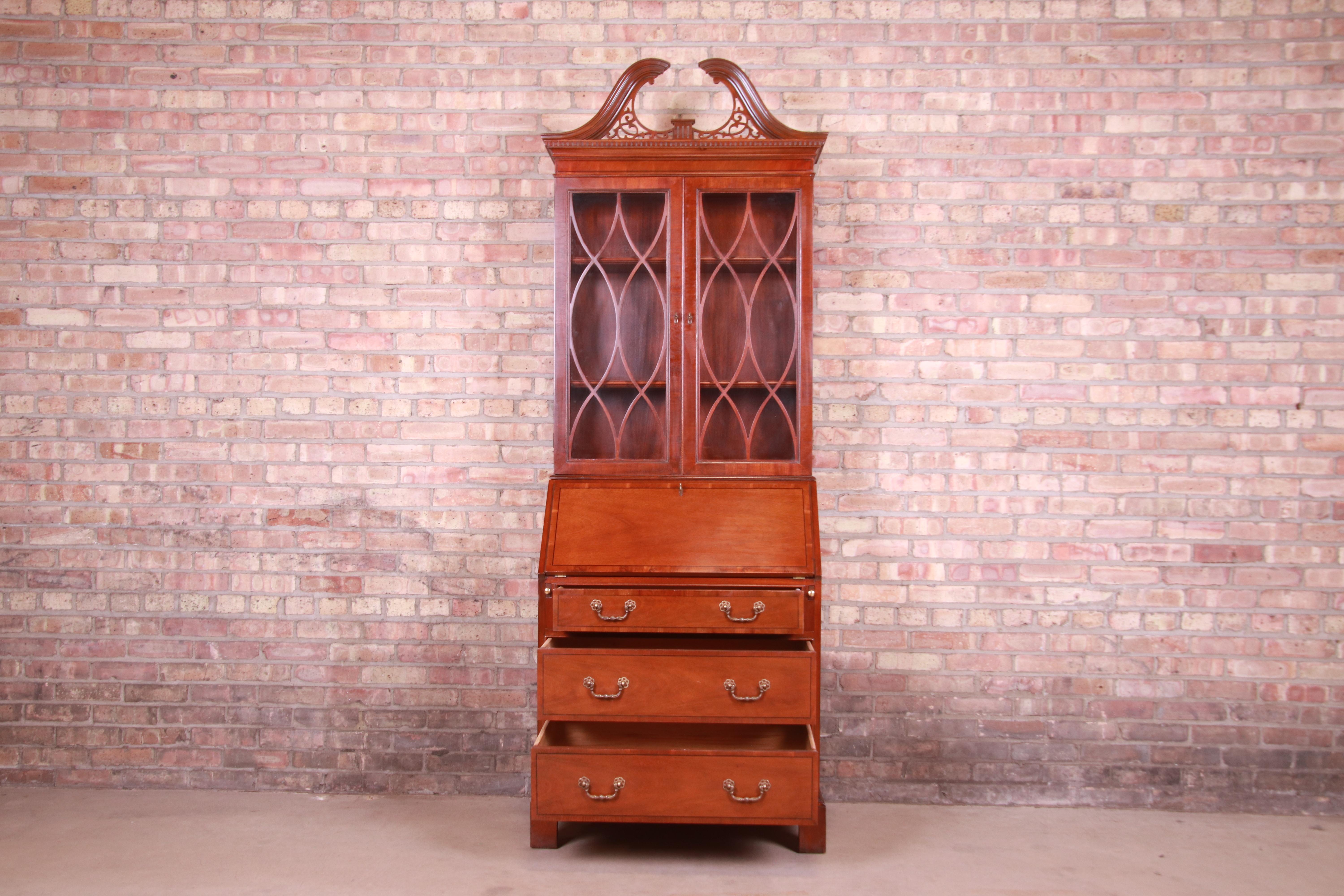 Baker Furniture Chippendale Banded Mahogany Secretary Desk with Bookcase Hutch 6