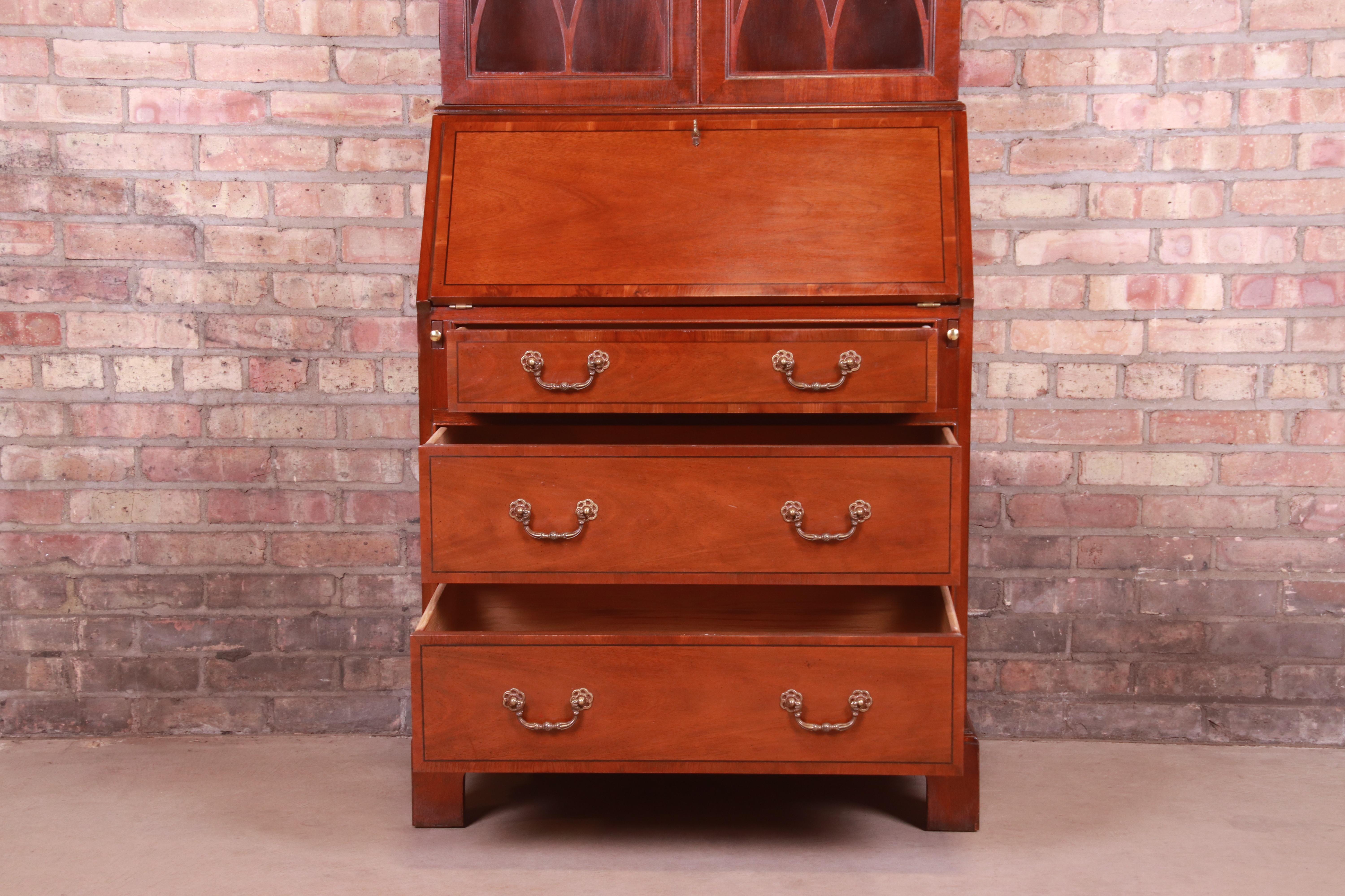 Baker Furniture Chippendale Banded Mahogany Secretary Desk with Bookcase Hutch 7