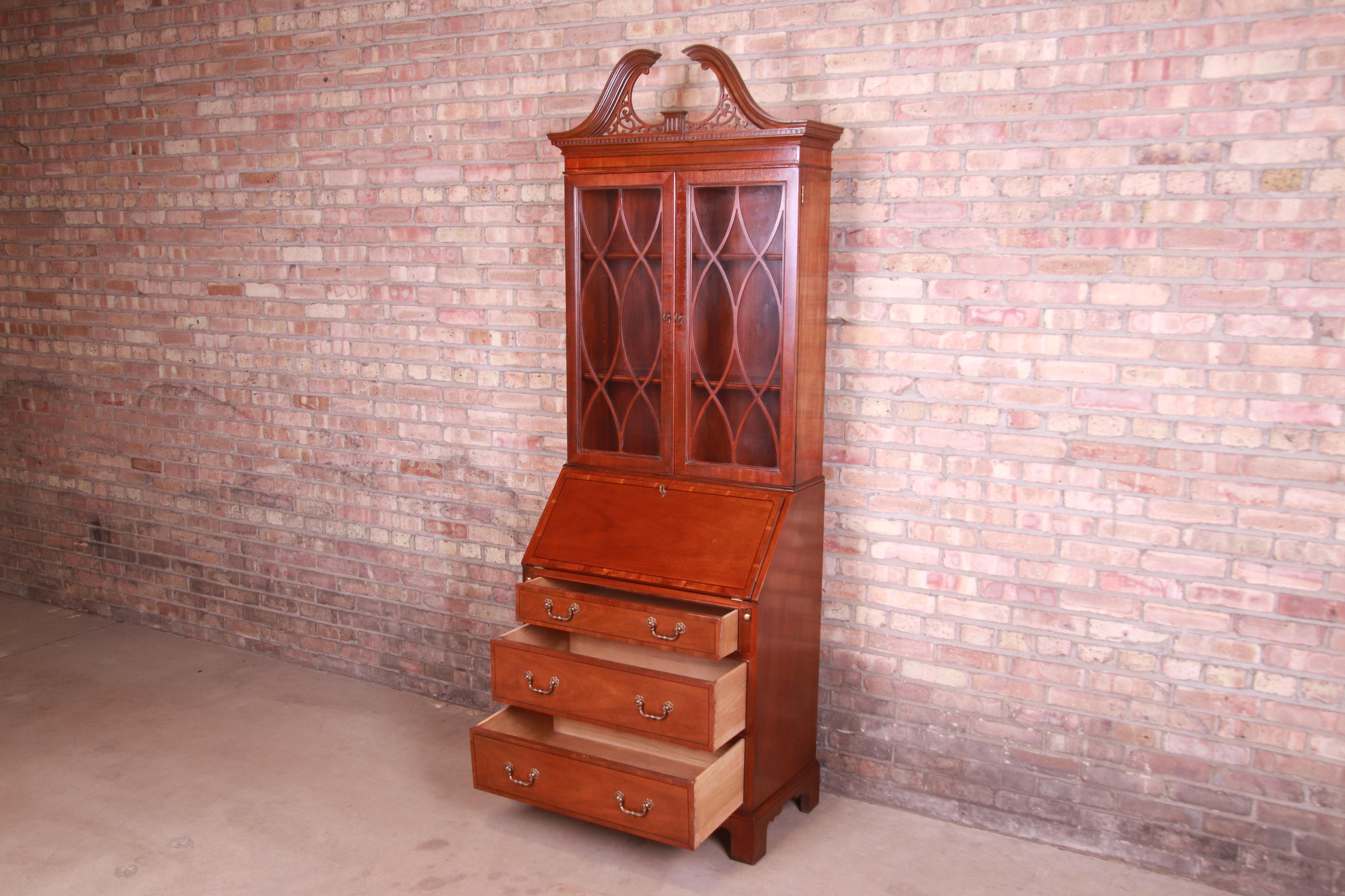 Baker Furniture Chippendale Banded Mahogany Secretary Desk with Bookcase Hutch 8