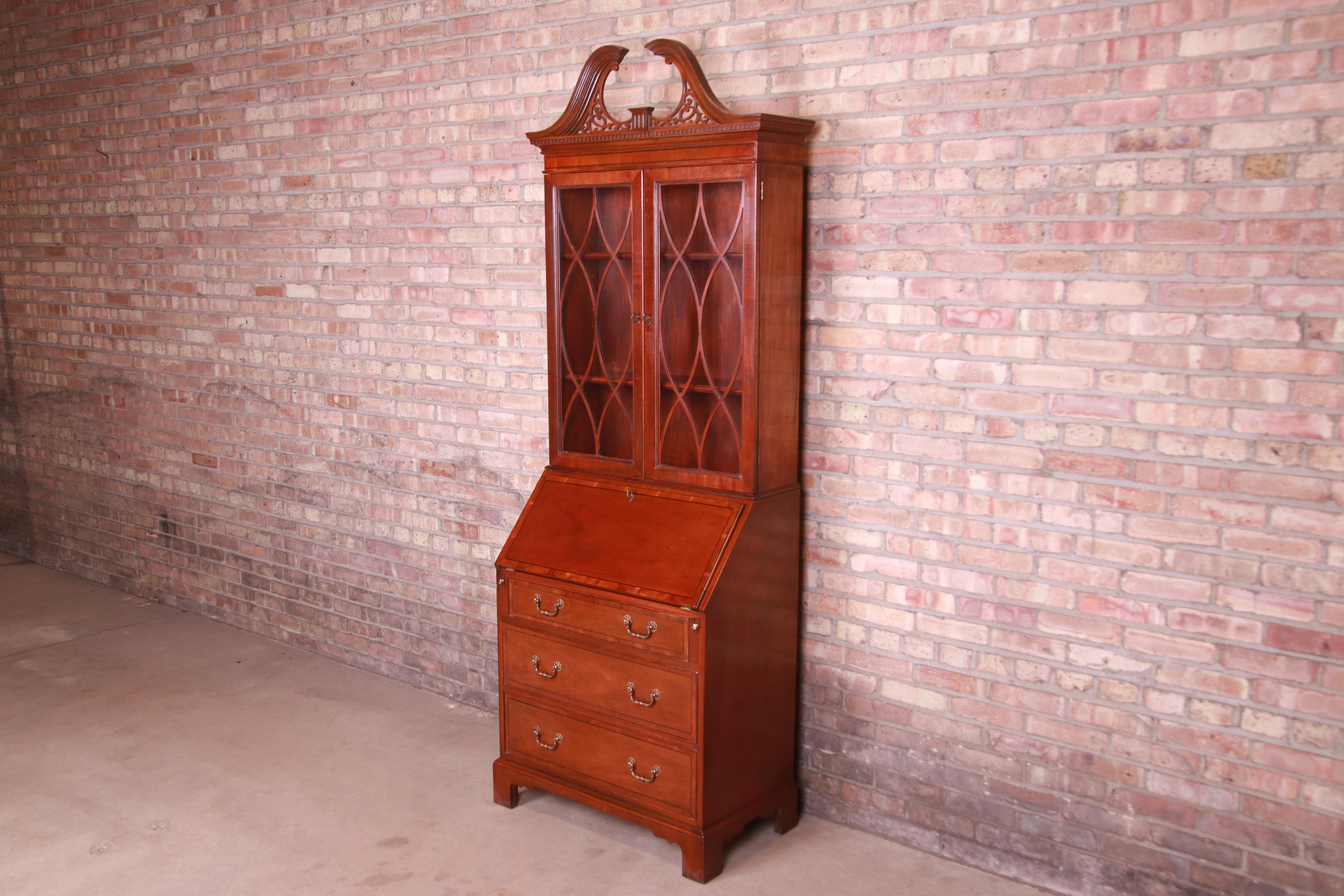 American Baker Furniture Chippendale Banded Mahogany Secretary Desk with Bookcase Hutch