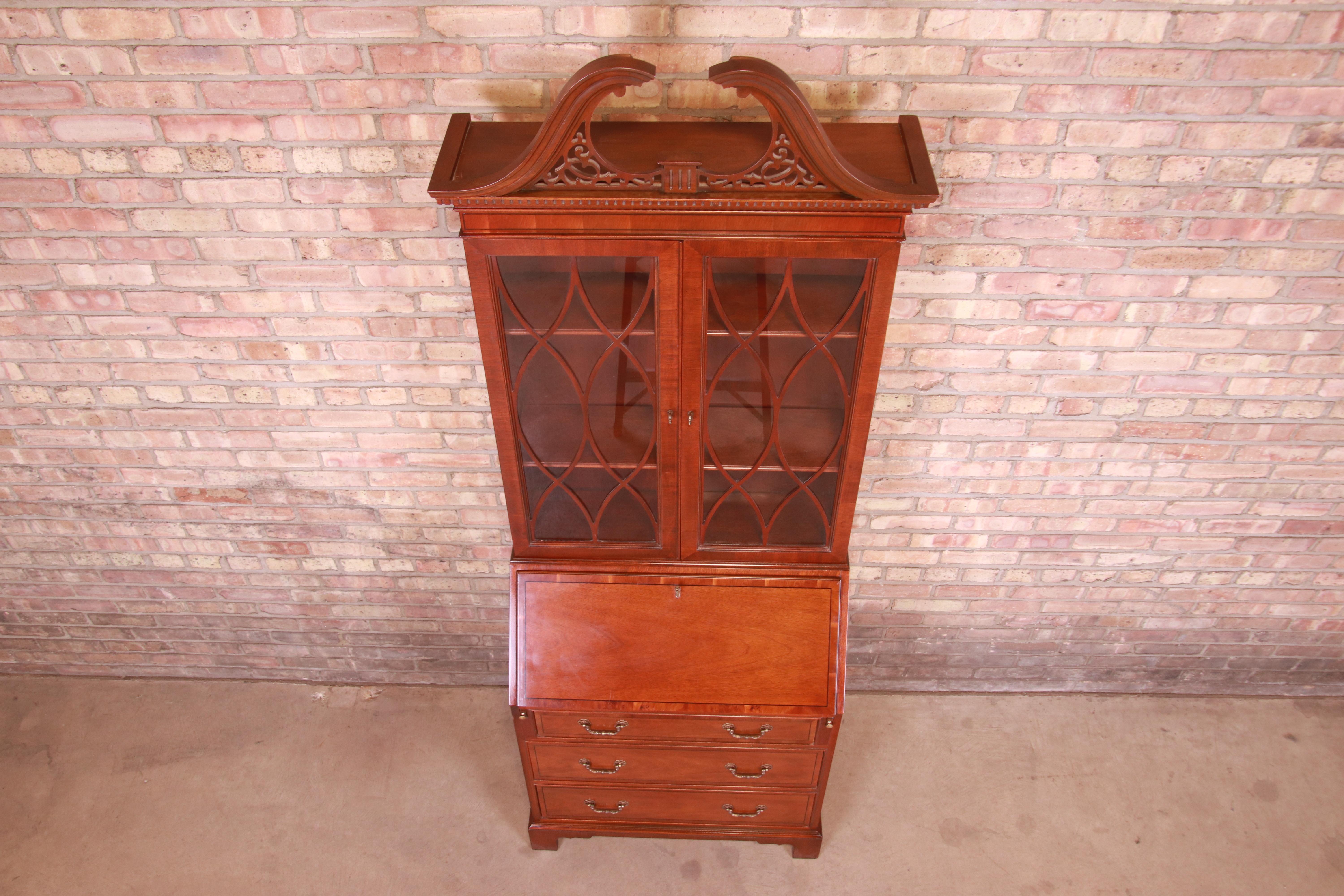 20th Century Baker Furniture Chippendale Banded Mahogany Secretary Desk with Bookcase Hutch