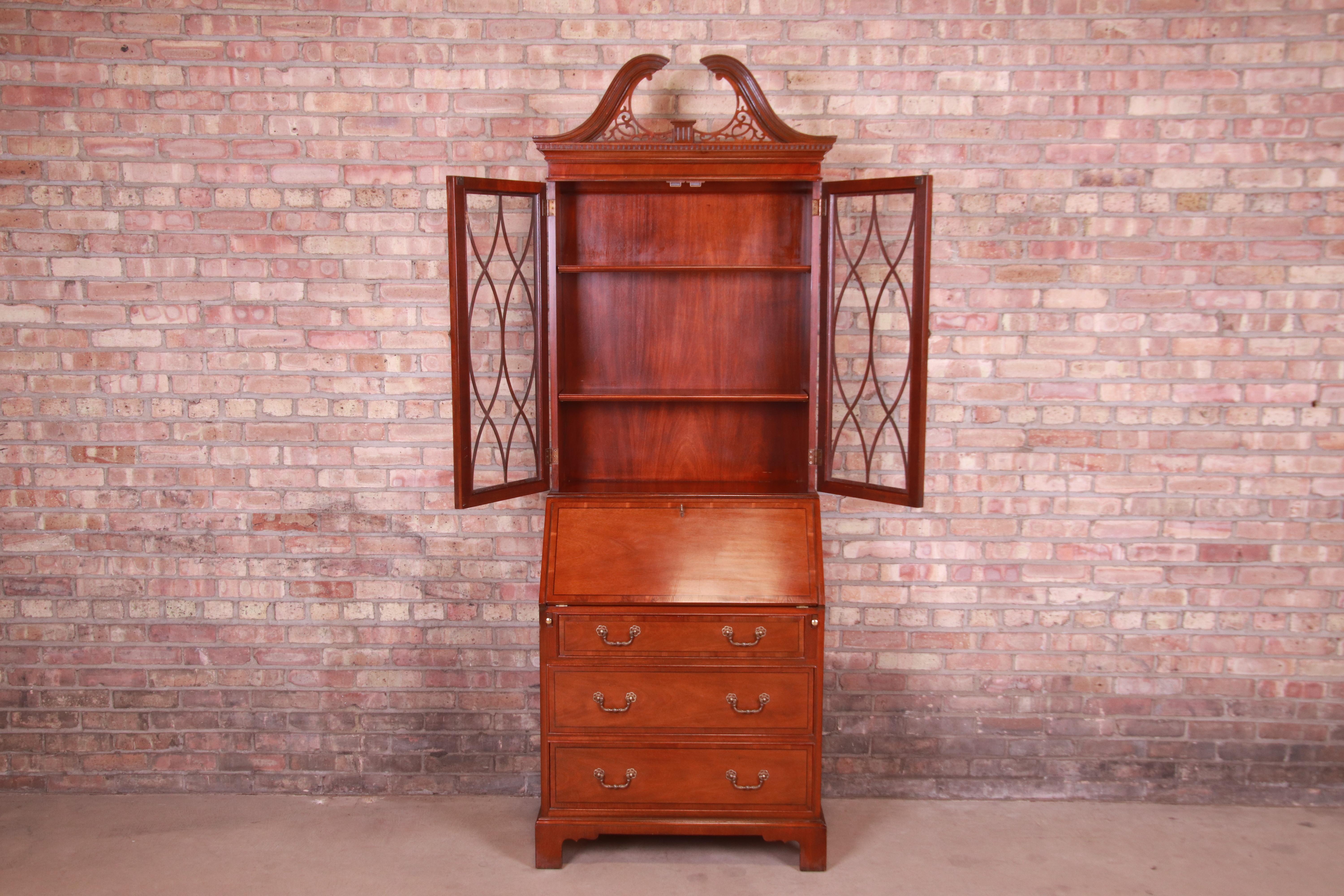 Brass Baker Furniture Chippendale Banded Mahogany Secretary Desk with Bookcase Hutch