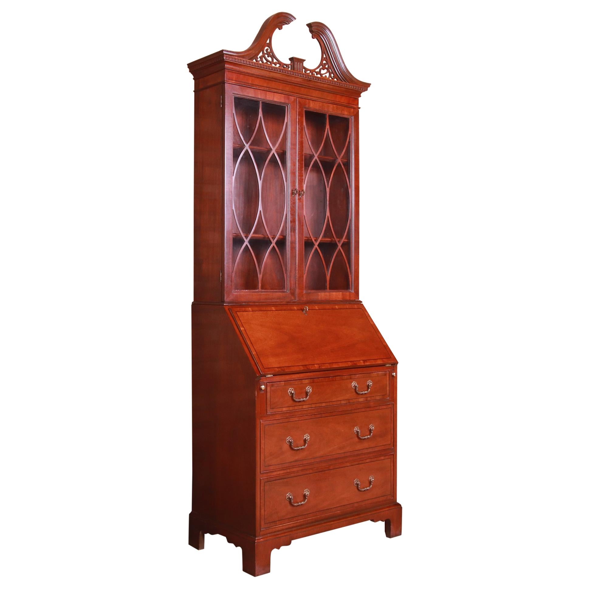Baker Furniture Chippendale Banded Mahogany Secretary Desk with Bookcase Hutch