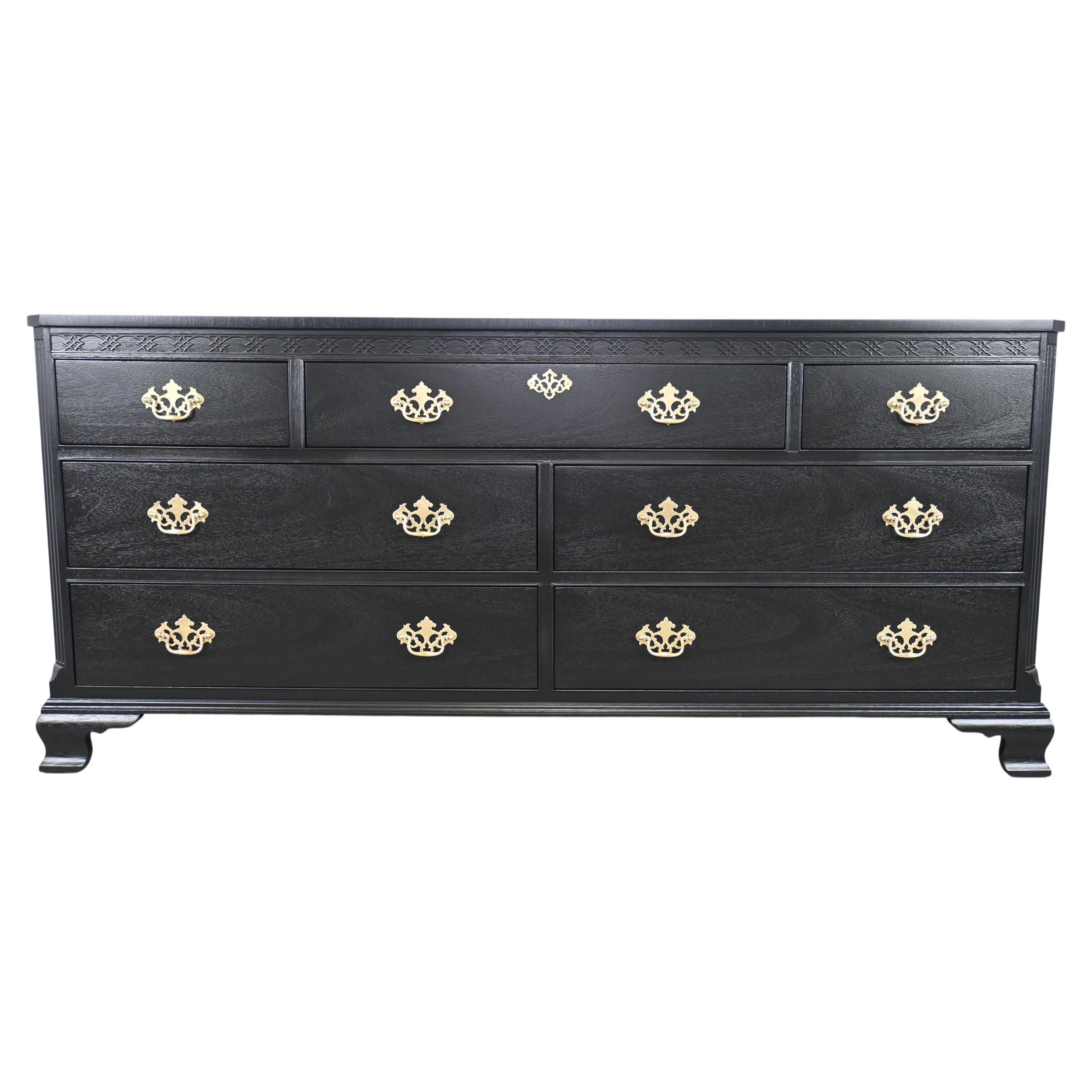 Baker Furniture Chippendale Black Lacquered Mahogany Dresser For Sale