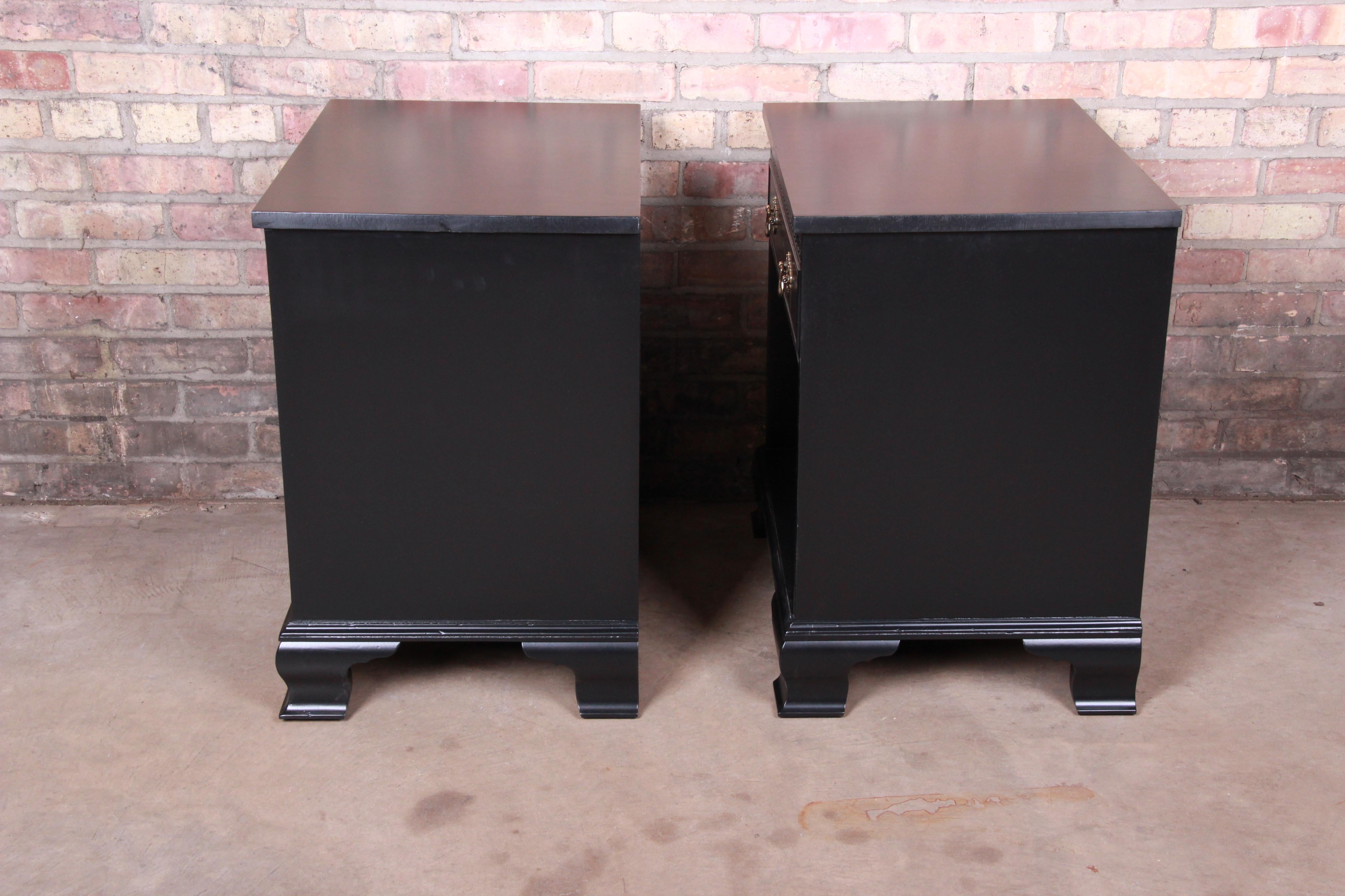 Baker Furniture Chippendale Black Lacquered Nightstands, Newly Refinished For Sale 1