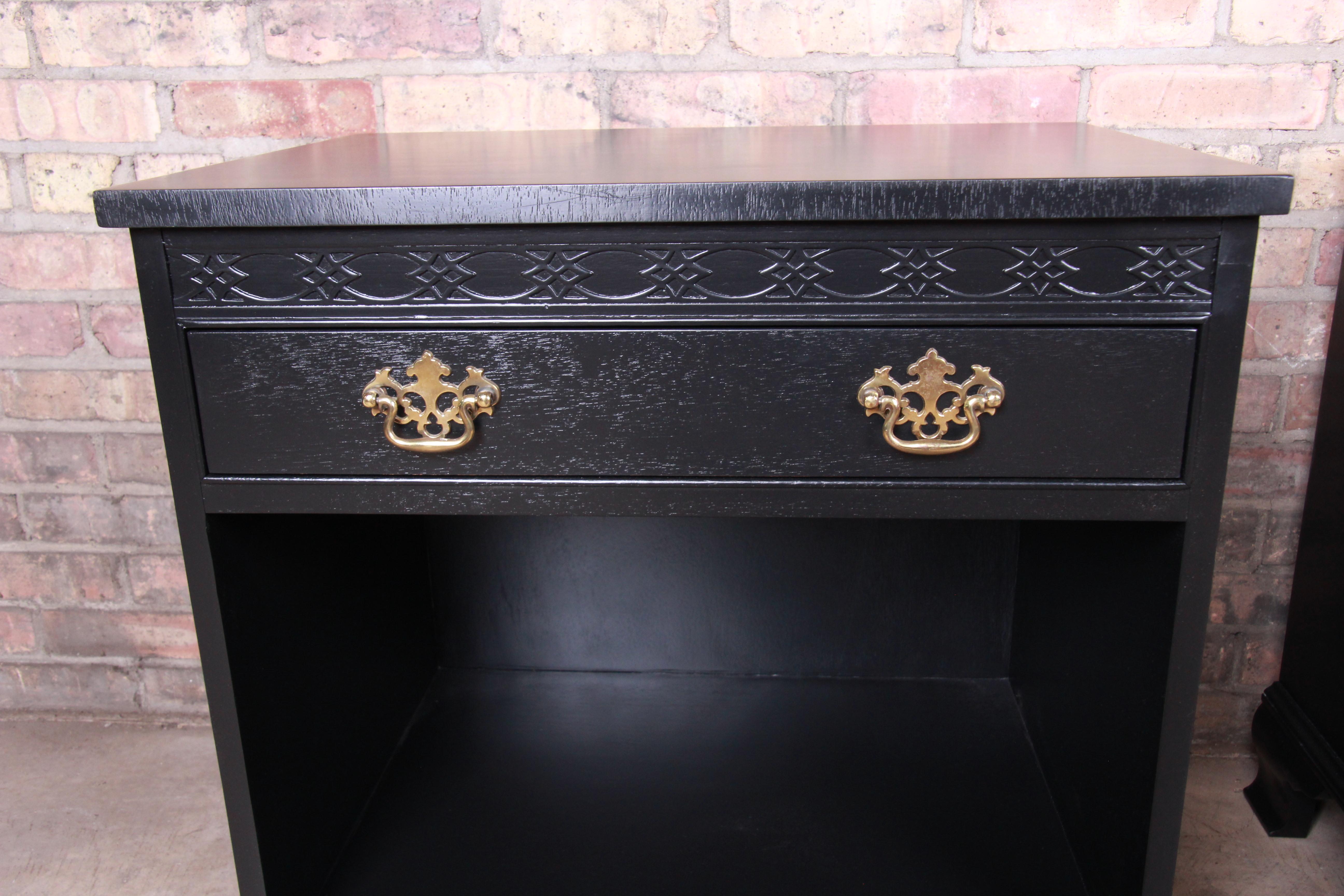 American Baker Furniture Chippendale Black Lacquered Nightstands, Newly Refinished For Sale