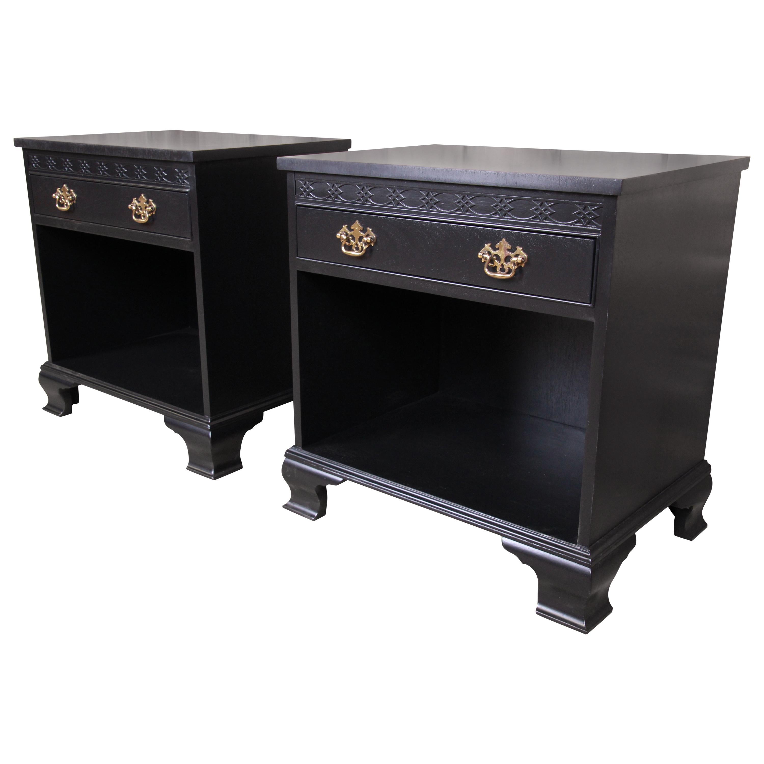 Baker Furniture Chippendale Black Lacquered Nightstands, Newly Refinished