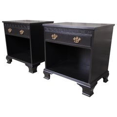 Retro Baker Furniture Chippendale Black Lacquered Nightstands, Newly Refinished