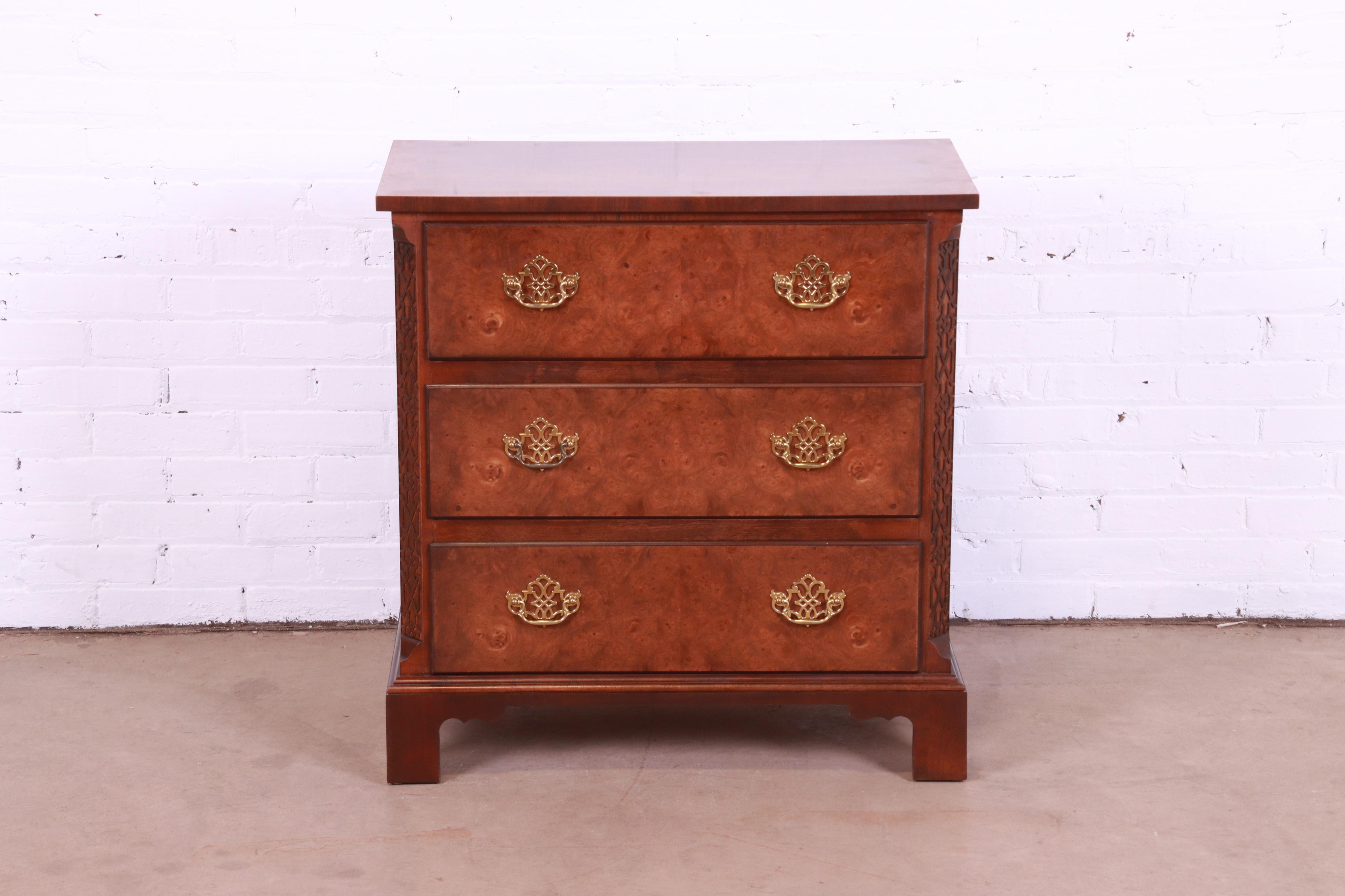 American Baker Furniture Chippendale Burled Walnut Bachelor Chest