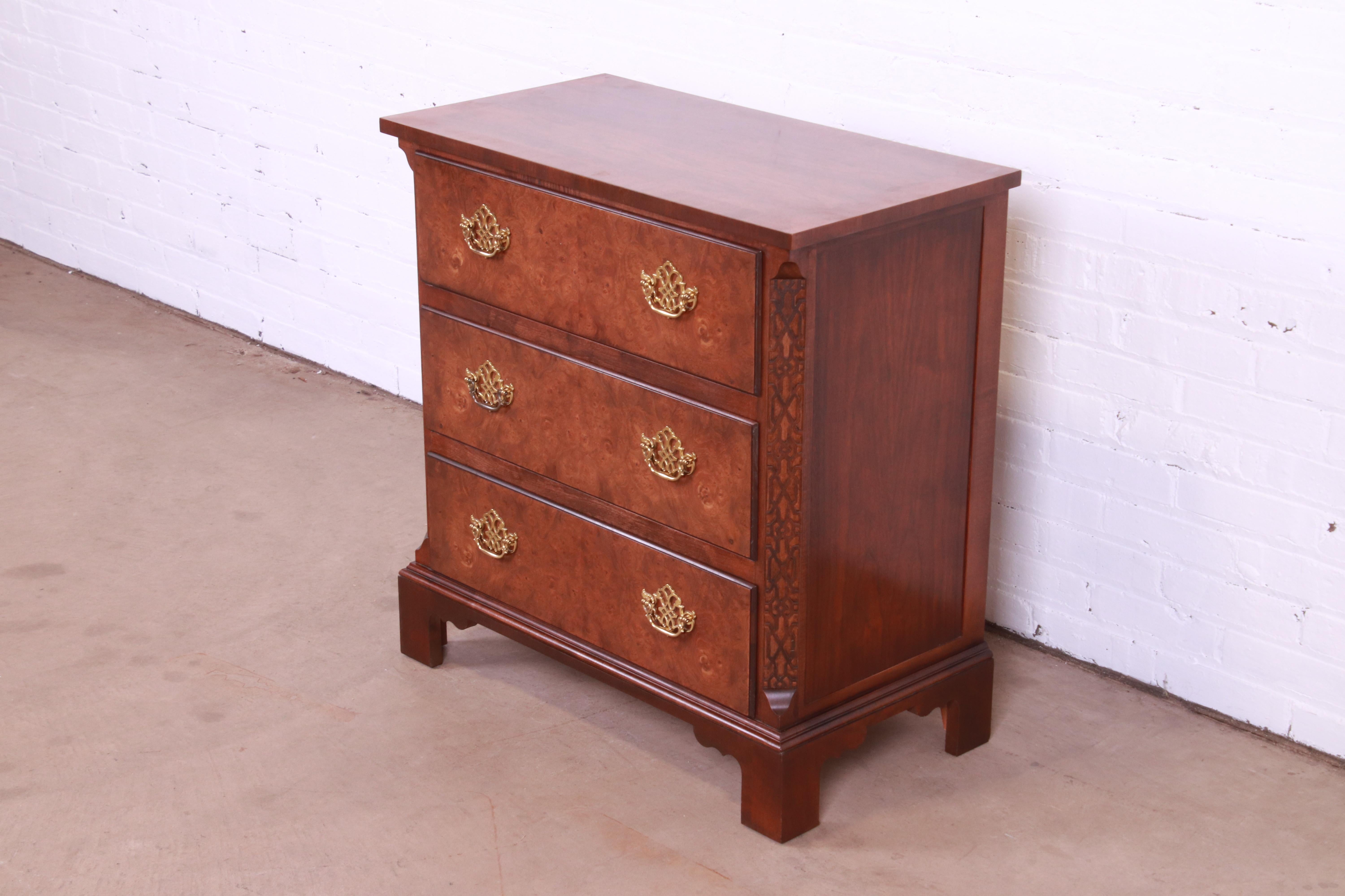 Baker Furniture Chippendale Burled Walnut Bachelor Chest In Good Condition In South Bend, IN