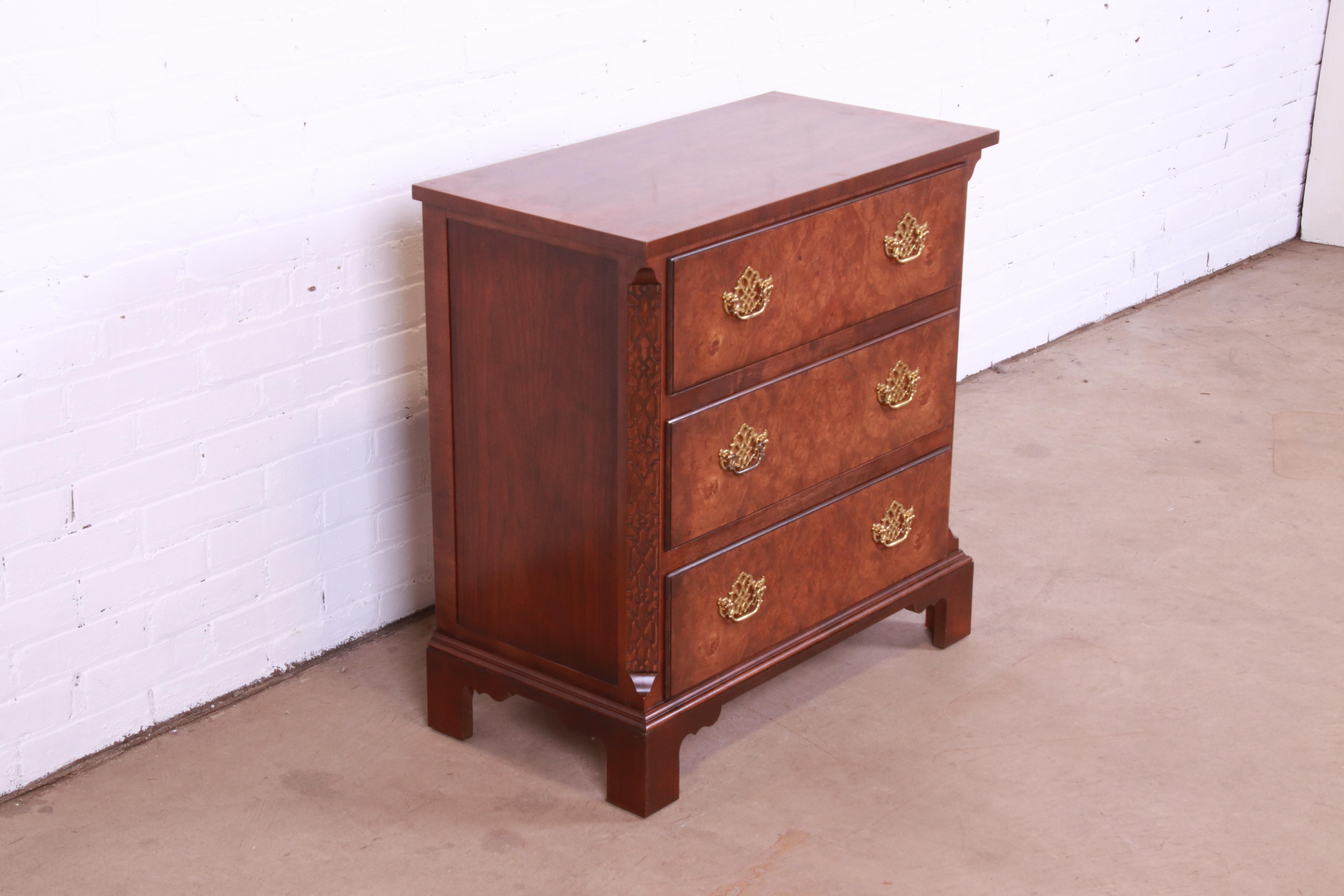 20th Century Baker Furniture Chippendale Burled Walnut Bachelor Chest