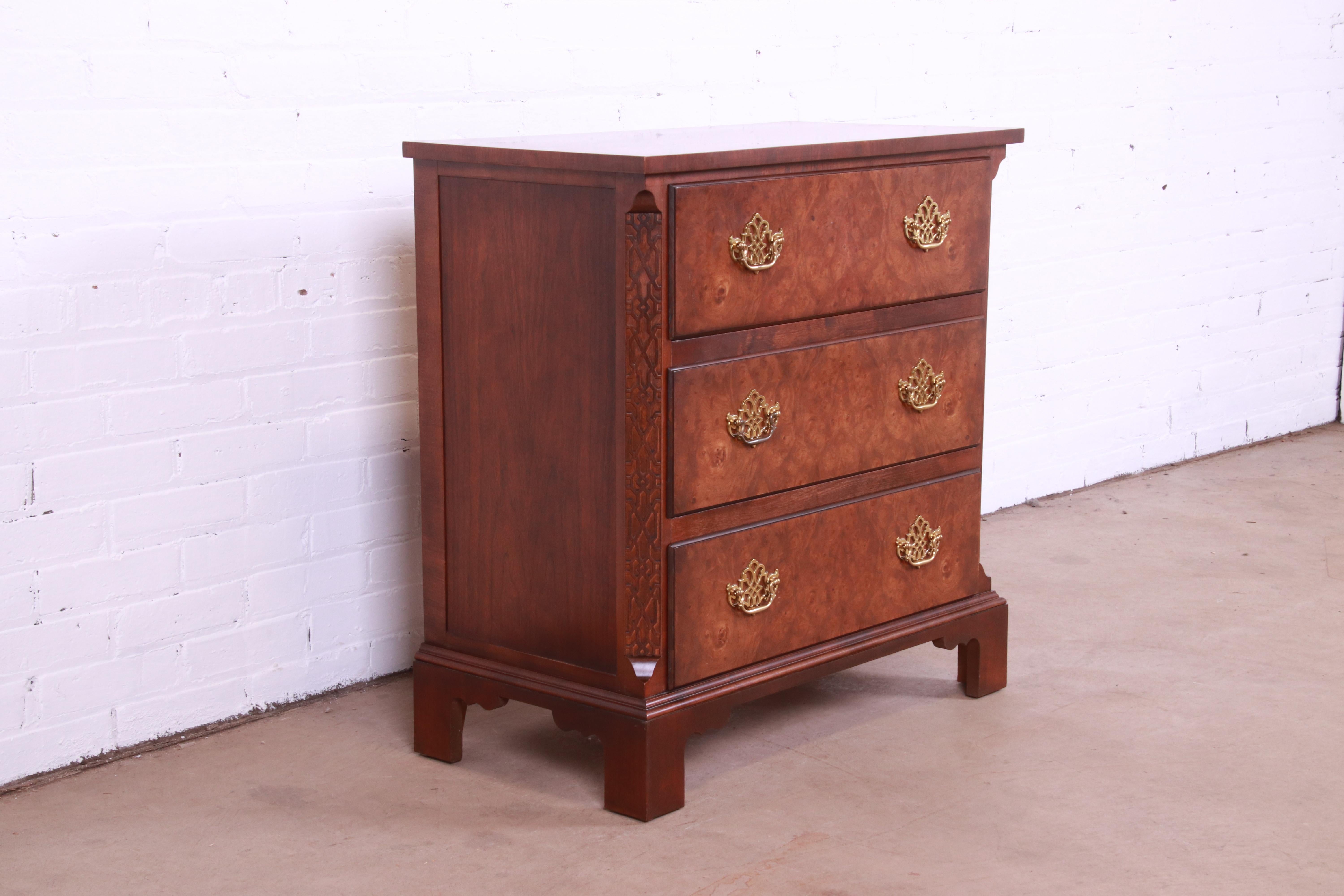 Brass Baker Furniture Chippendale Burled Walnut Bachelor Chest