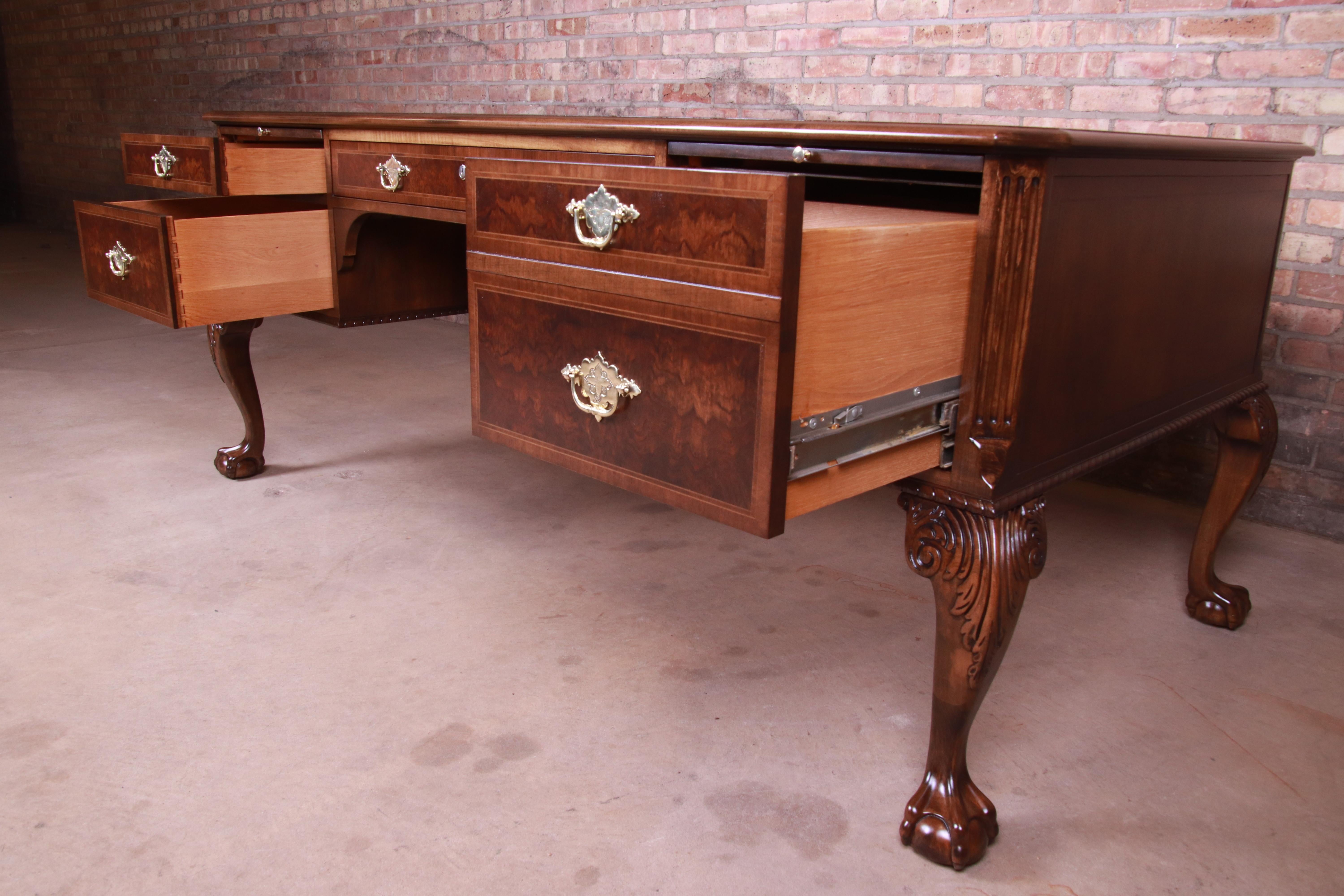 Baker Furniture Chippendale Burled Walnut Executive Desk, Newly Restored 1