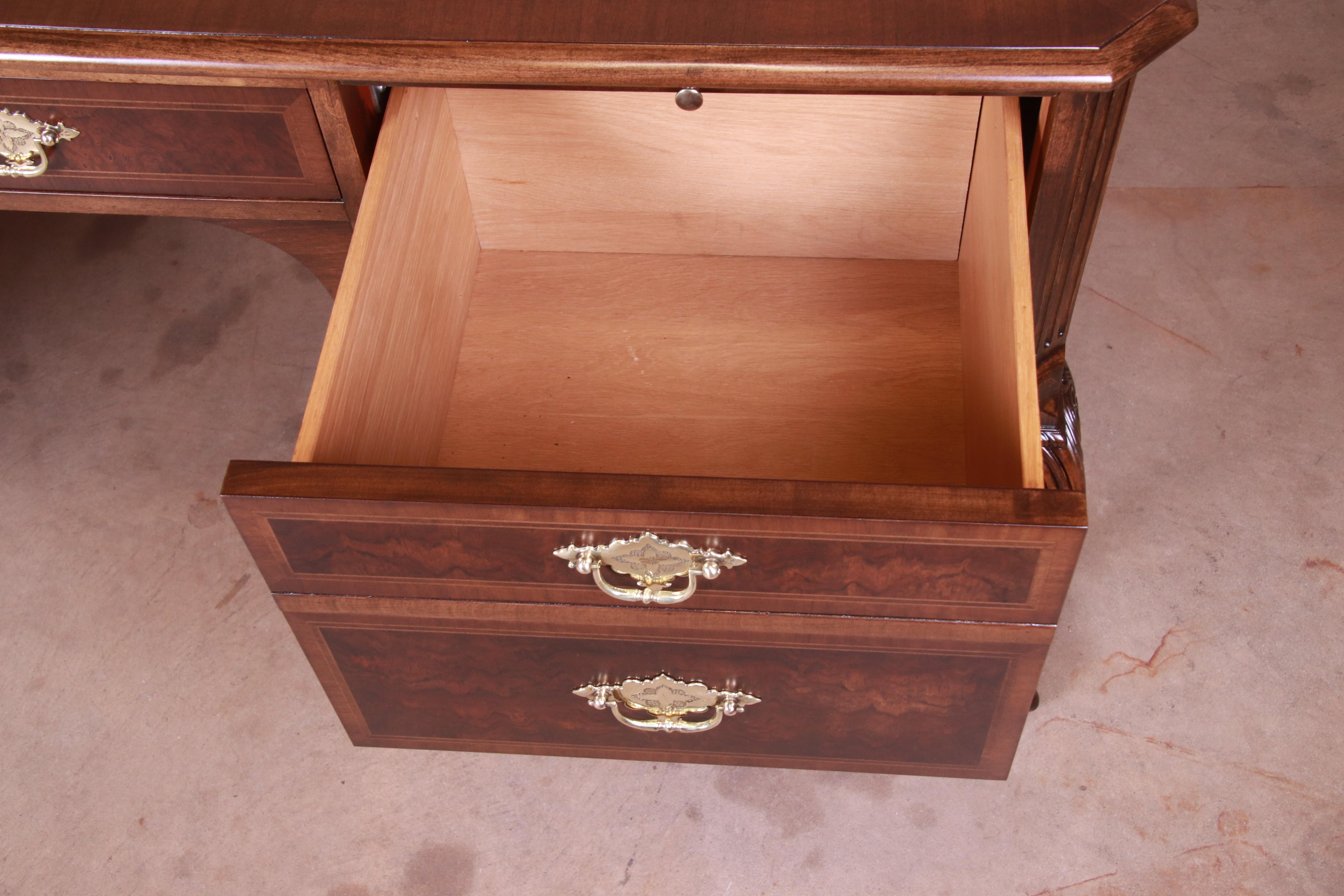 Baker Furniture Chippendale Burled Walnut Executive Desk, Newly Restored 2