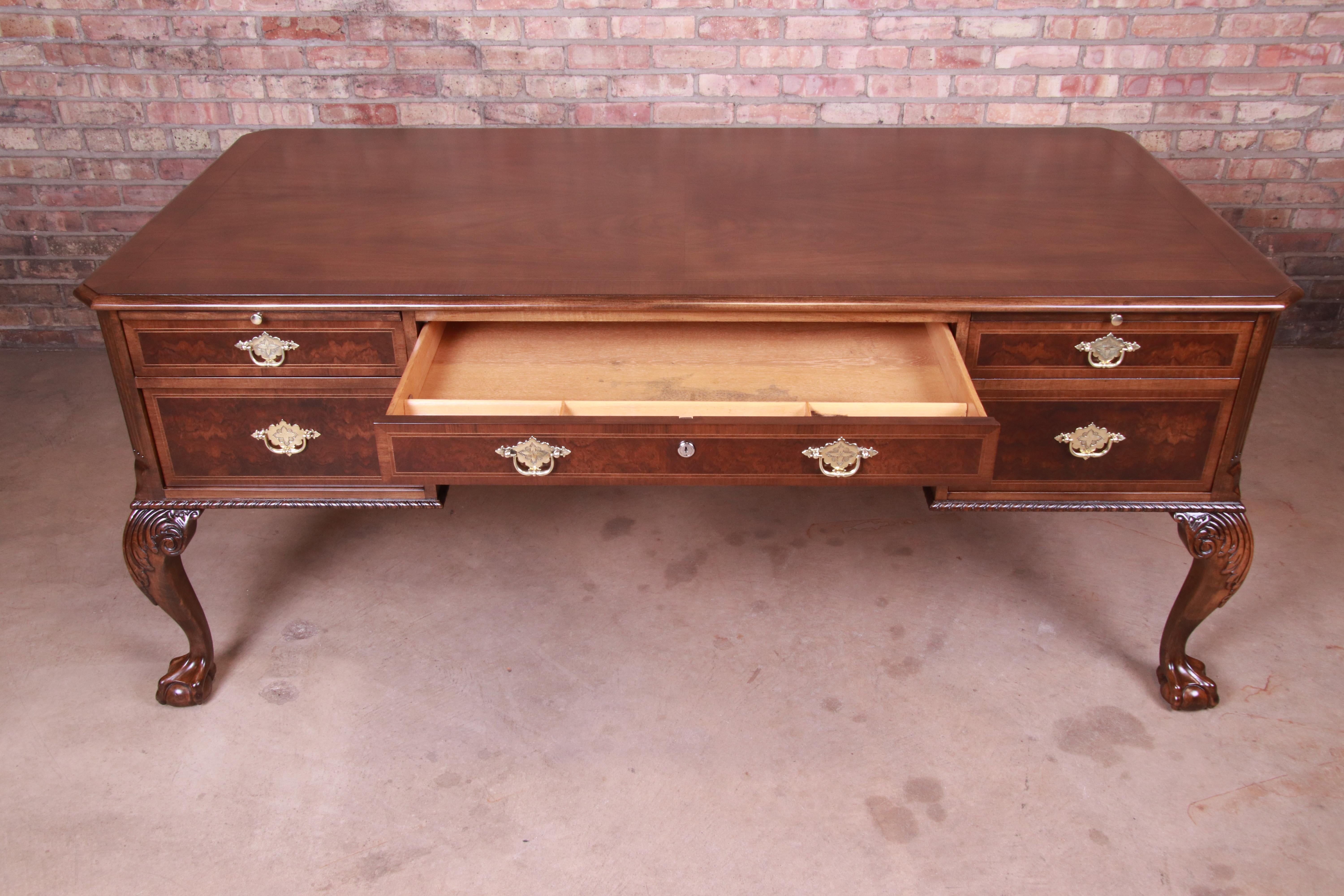 Baker Furniture Chippendale Burled Walnut Executive Desk, Newly Restored 3