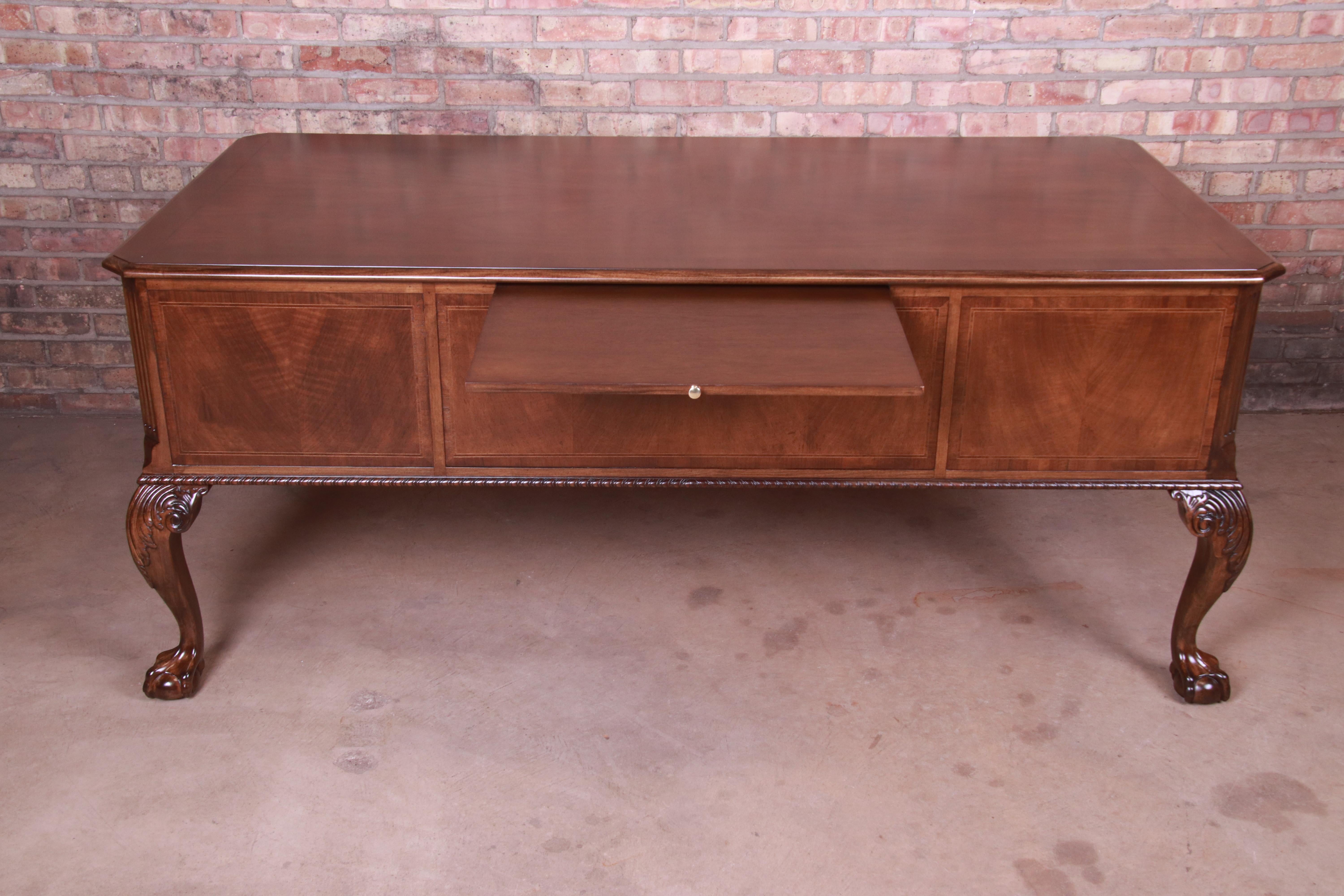 Baker Furniture Chippendale Burled Walnut Executive Desk, Newly Restored 9